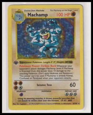 1999 Pokemon 1st Edition Machamp Holo Shadowless 8/102 MP 