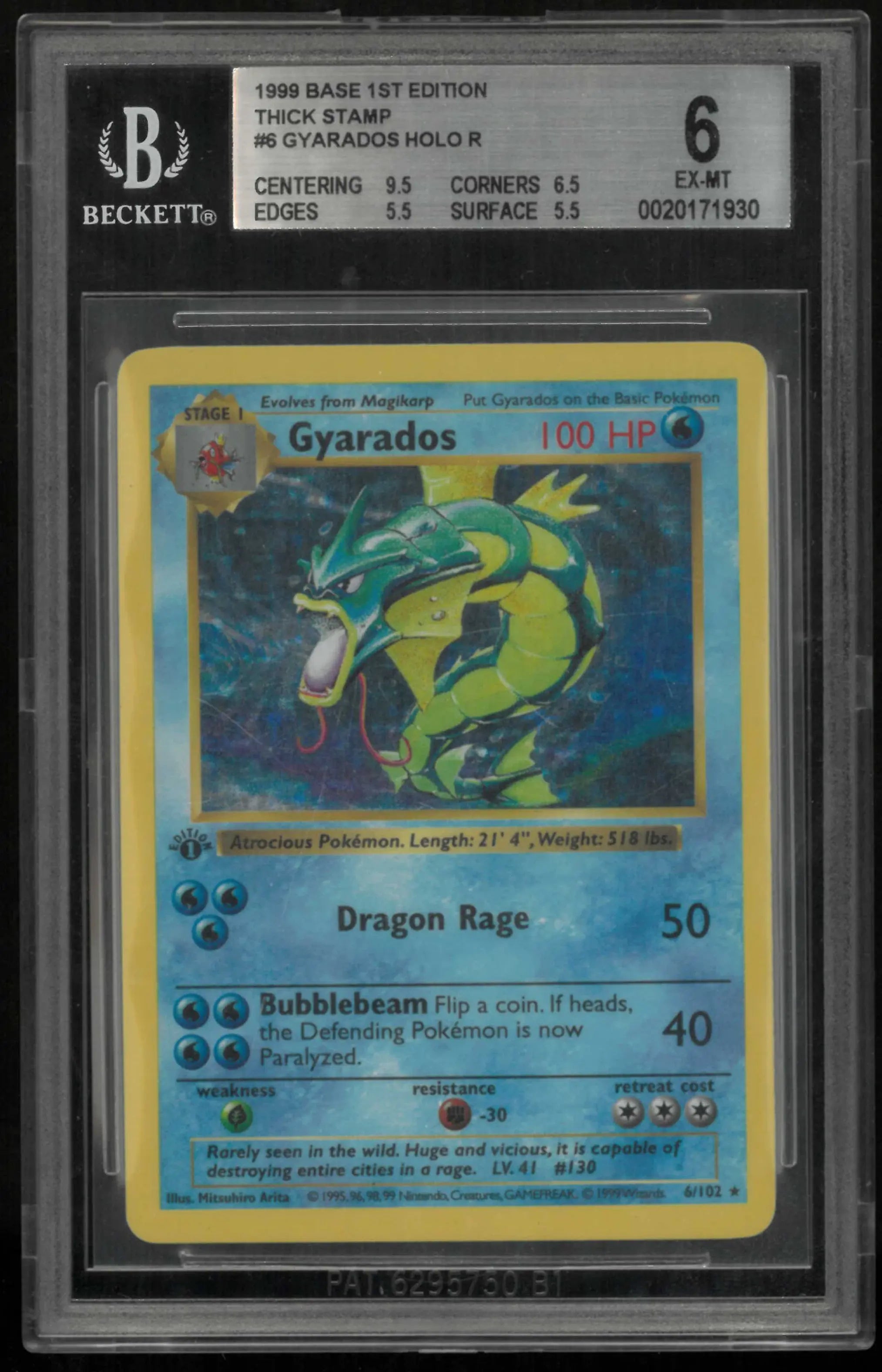 1999 Pokemon Base 1st Edition Gyarados Holo 6/102 BGS 6 