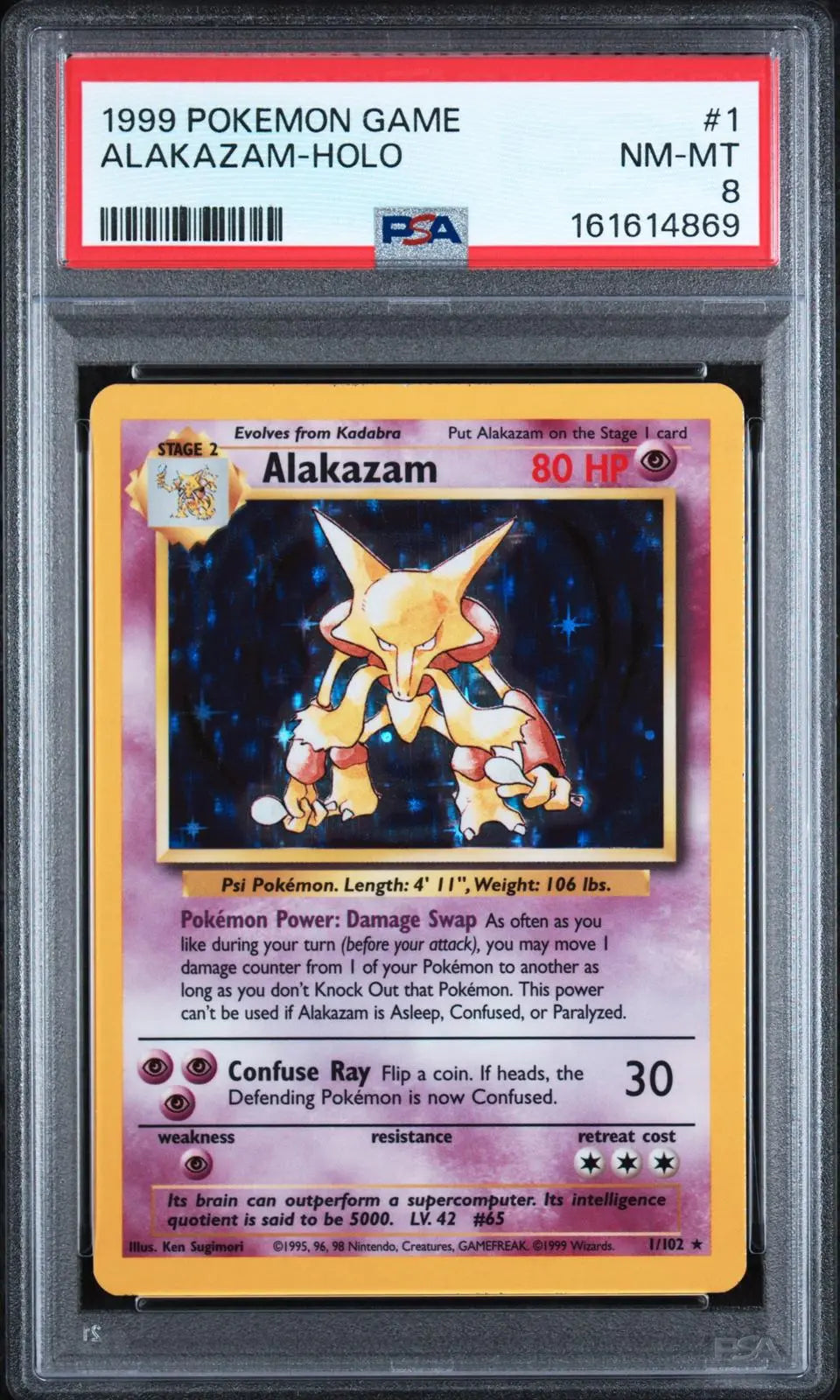 1999 Pokemon Base Set Alakazam Unlimited Holofoil Rare 1/102 PSA 8 