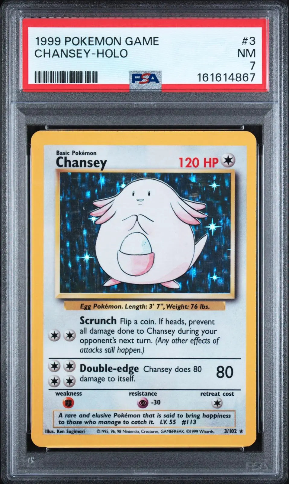 1999 Pokemon Base Set Chansey Unlimited Holofoil Rare 3/102 PSA 7 