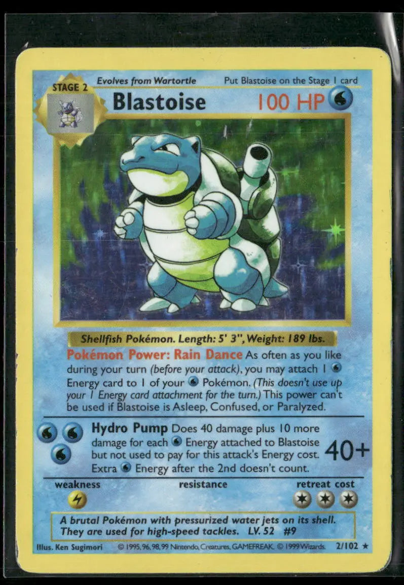 1999 Pokemon Base Set Shadowless Holofoil Blastoise 2/102 MP 