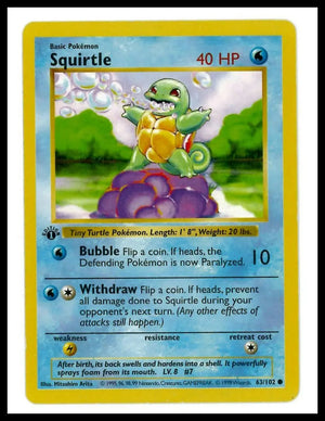 1999 Pokemon Base Set Shadowless Squirtle 063/102 MP 
