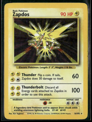 1999 Pokemon Base Set Unlimited Holo Rare Zapdos 16/102 MP 