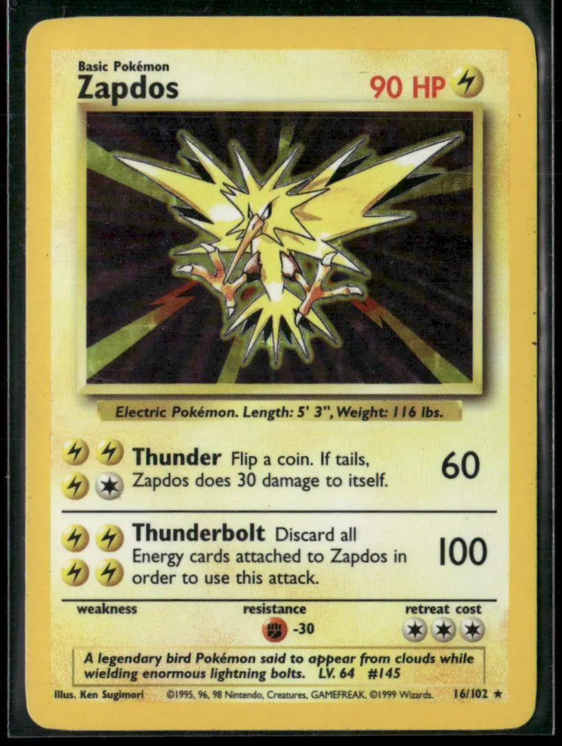 1999 Pokemon Base Set Unlimited Holo Rare Zapdos 16/102 MP 