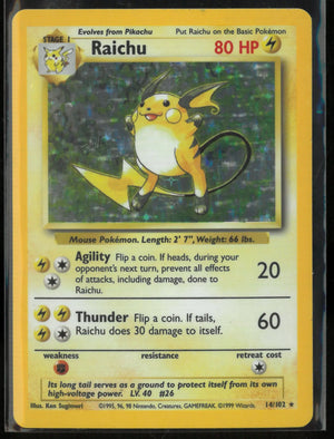 1999 Pokemon Base Set Unlimited Raichu Holo Rare 14/102 