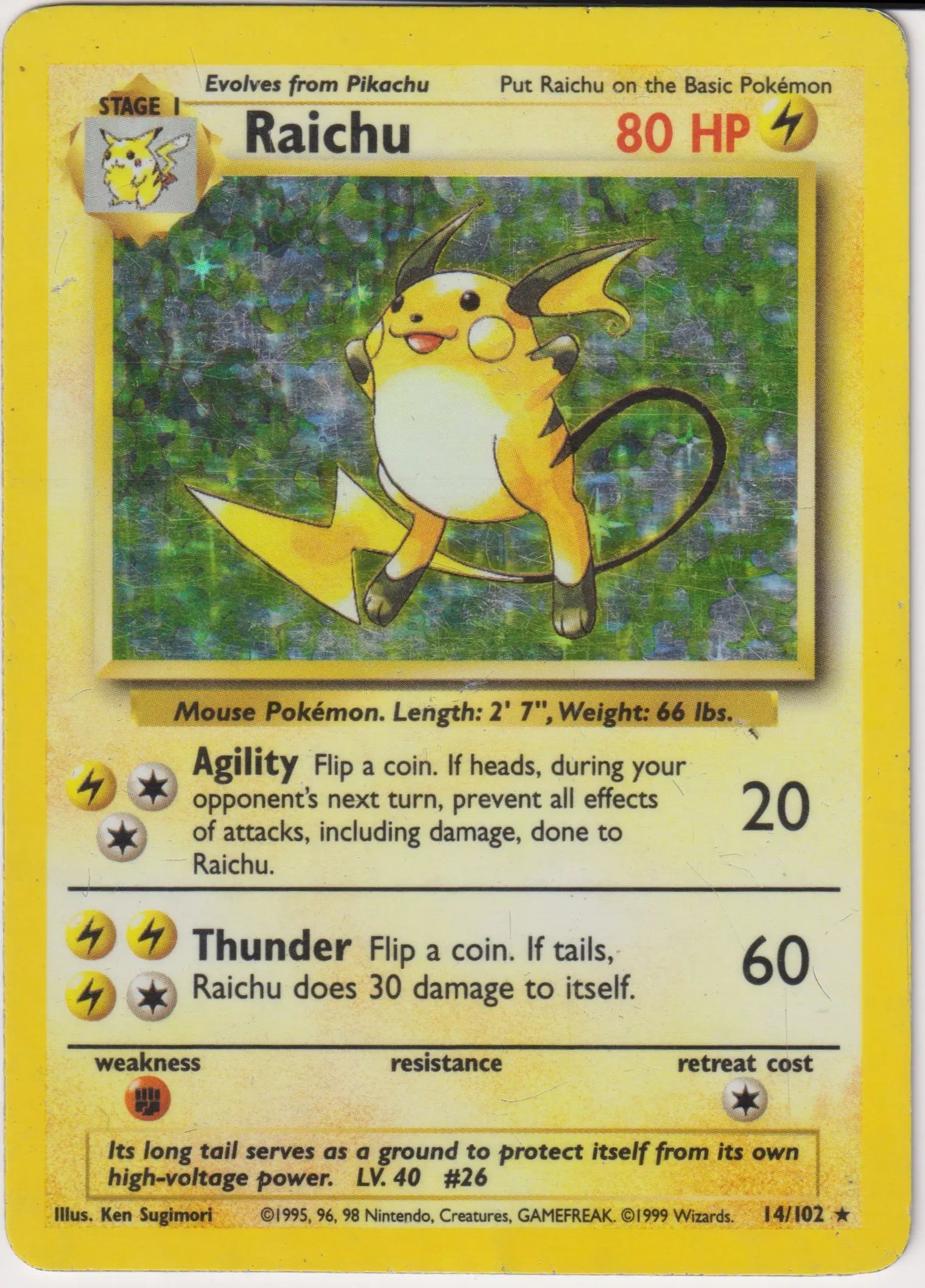 1999 Pokemon Base Set Unlimited Raichu Holo Rare 14/102 