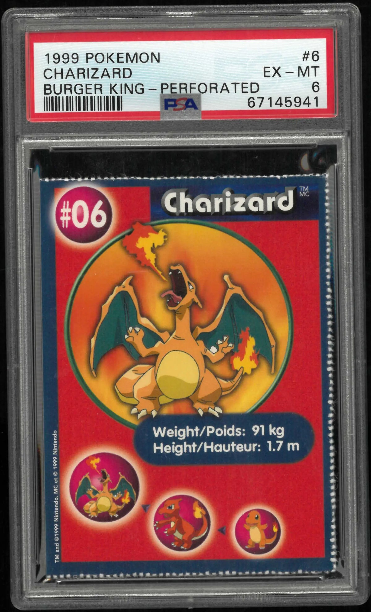 1999 Pokemon Burger King Charizard Perforated PSA 6 