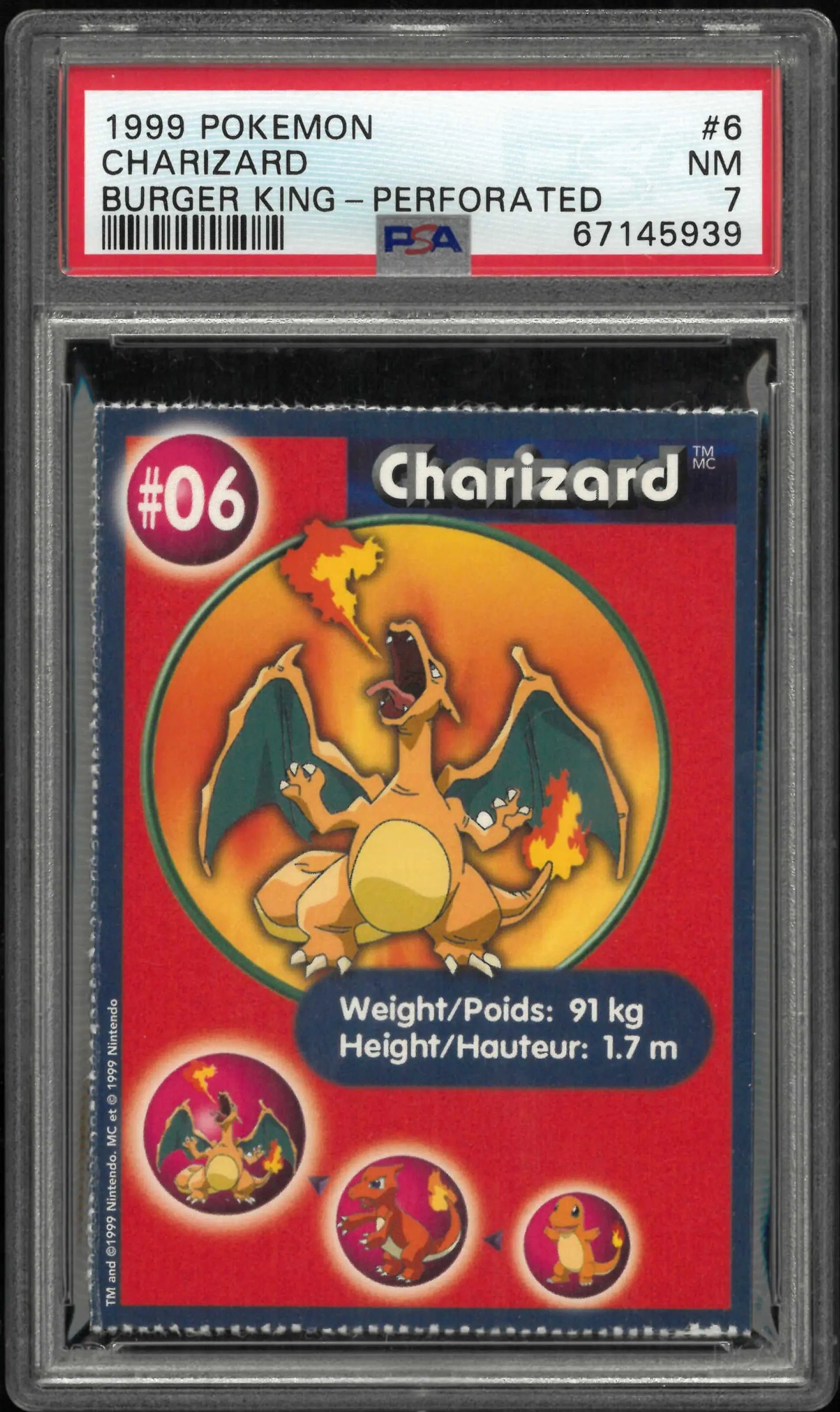 1999 Pokemon Burger King Charizard Perforated PSA 7 (A) 