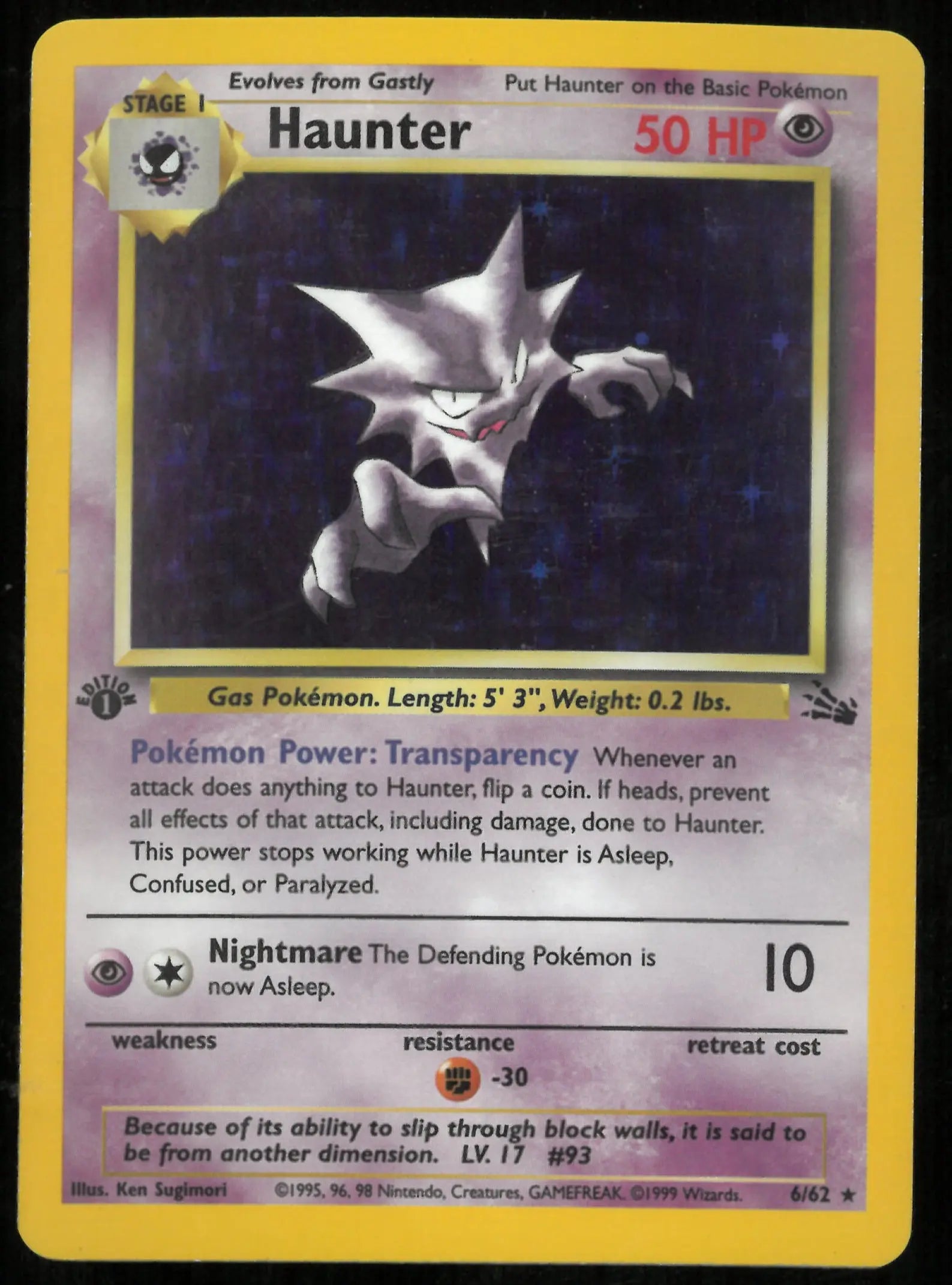 1999 Pokemon Fossil 1st Edition Holofoil Haunter 6 