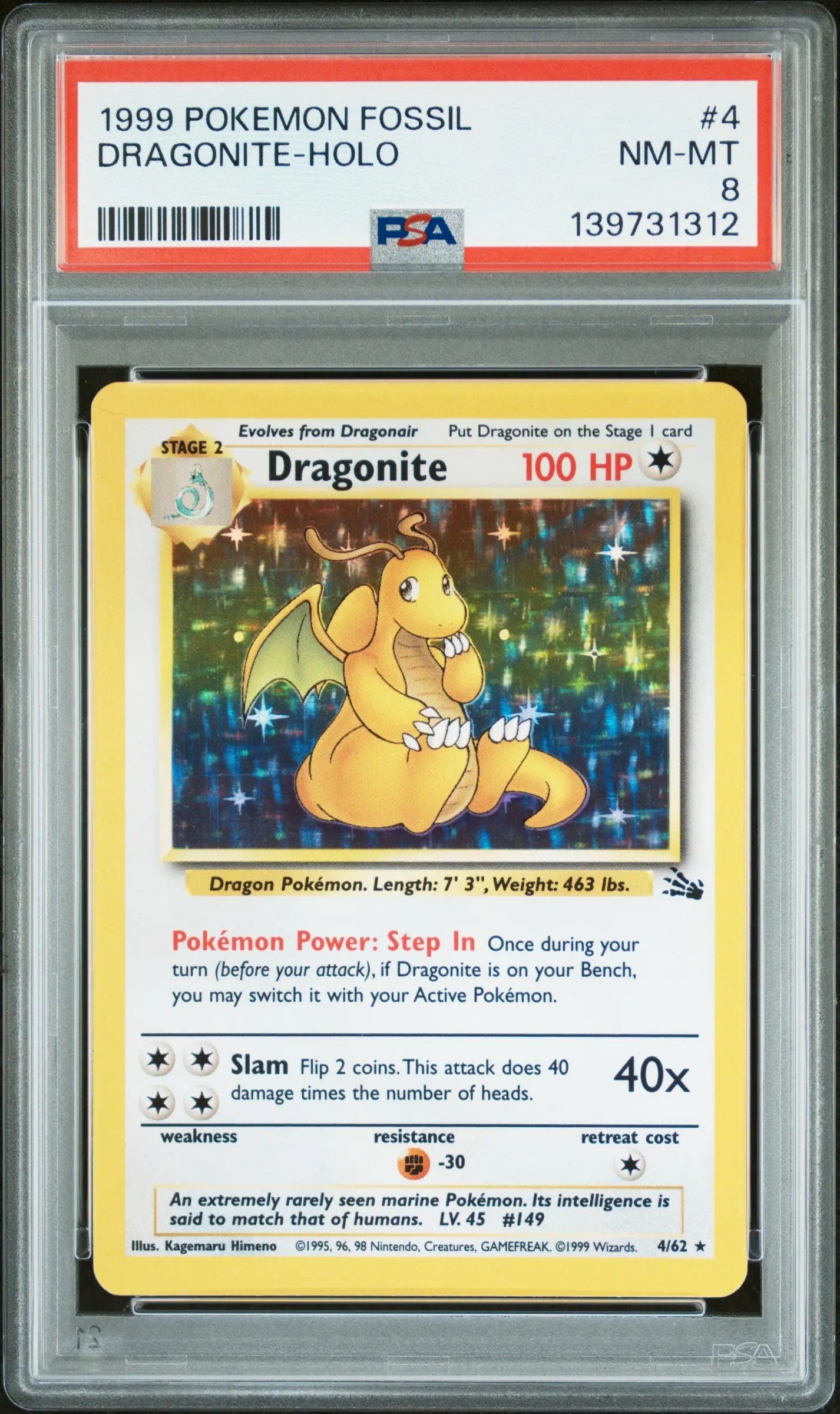 1999 Pokemon Fossil 4/62 Dragonite Holo PSA 8 