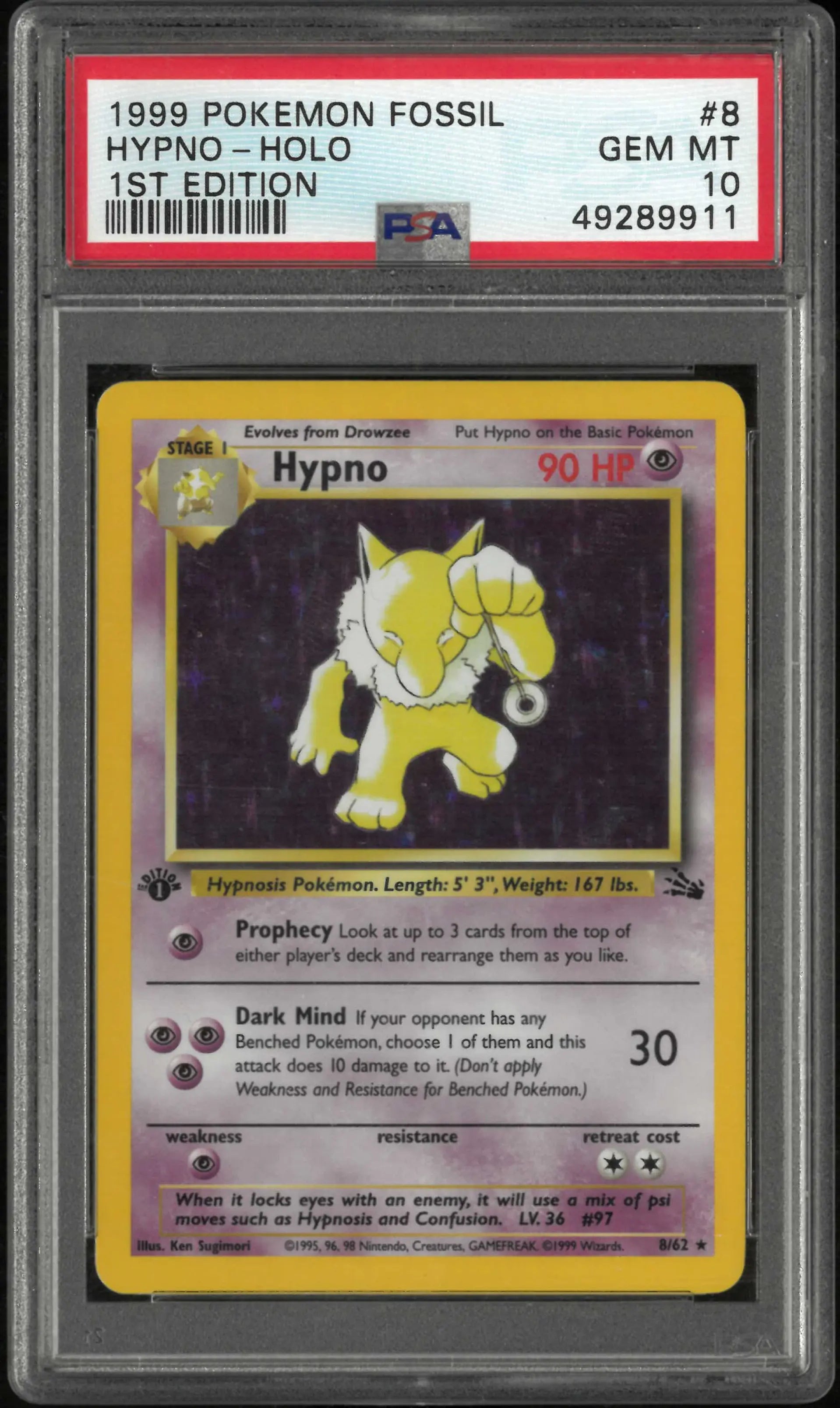 1999 Pokemon Fossil 8/62 Hypno Holo 1st Edition PSA 10 