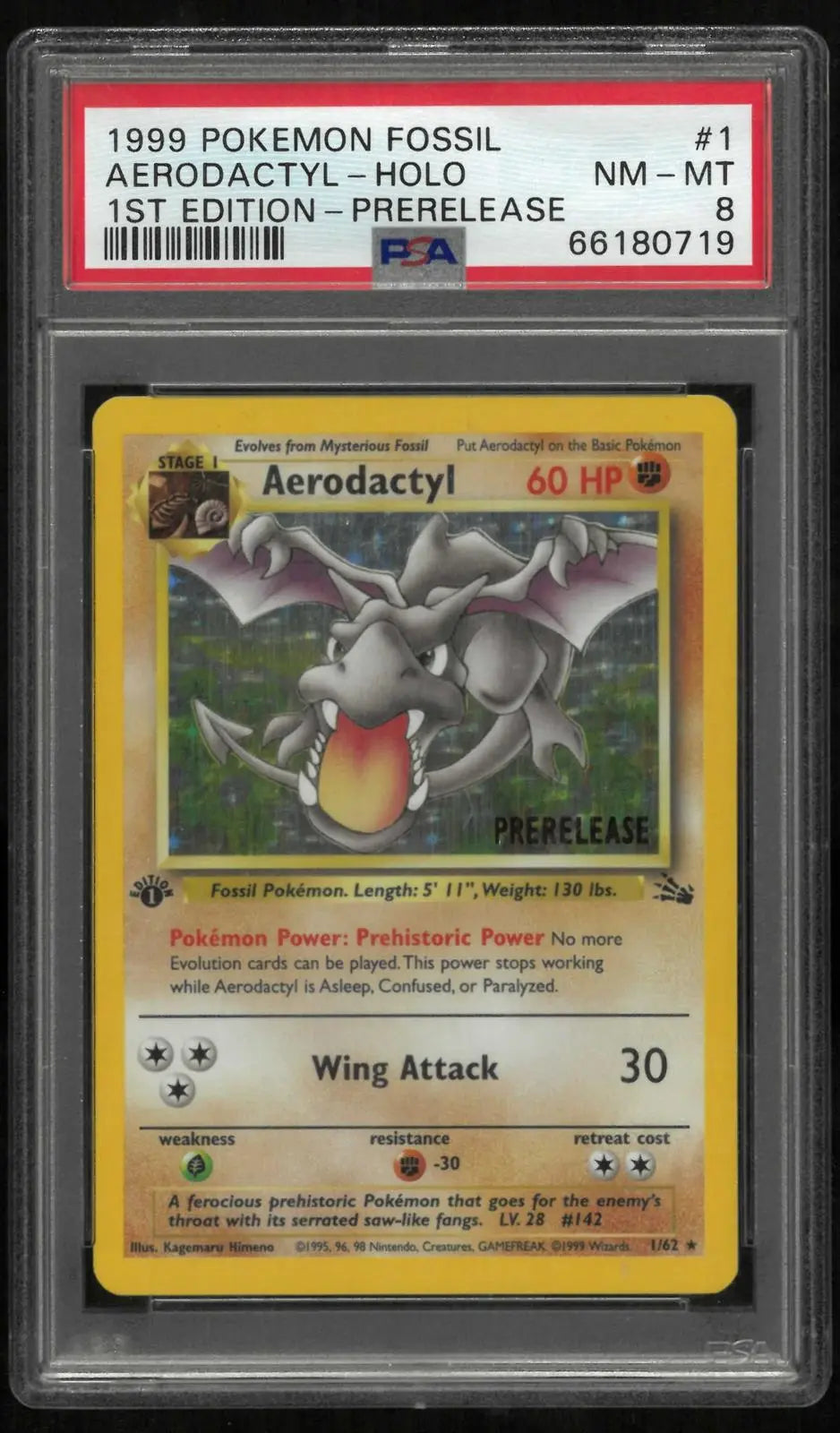 1999 Pokemon Fossil Aerodactyl Holo 1st Edition Prerelease Stamp 1/62 PSA 8 