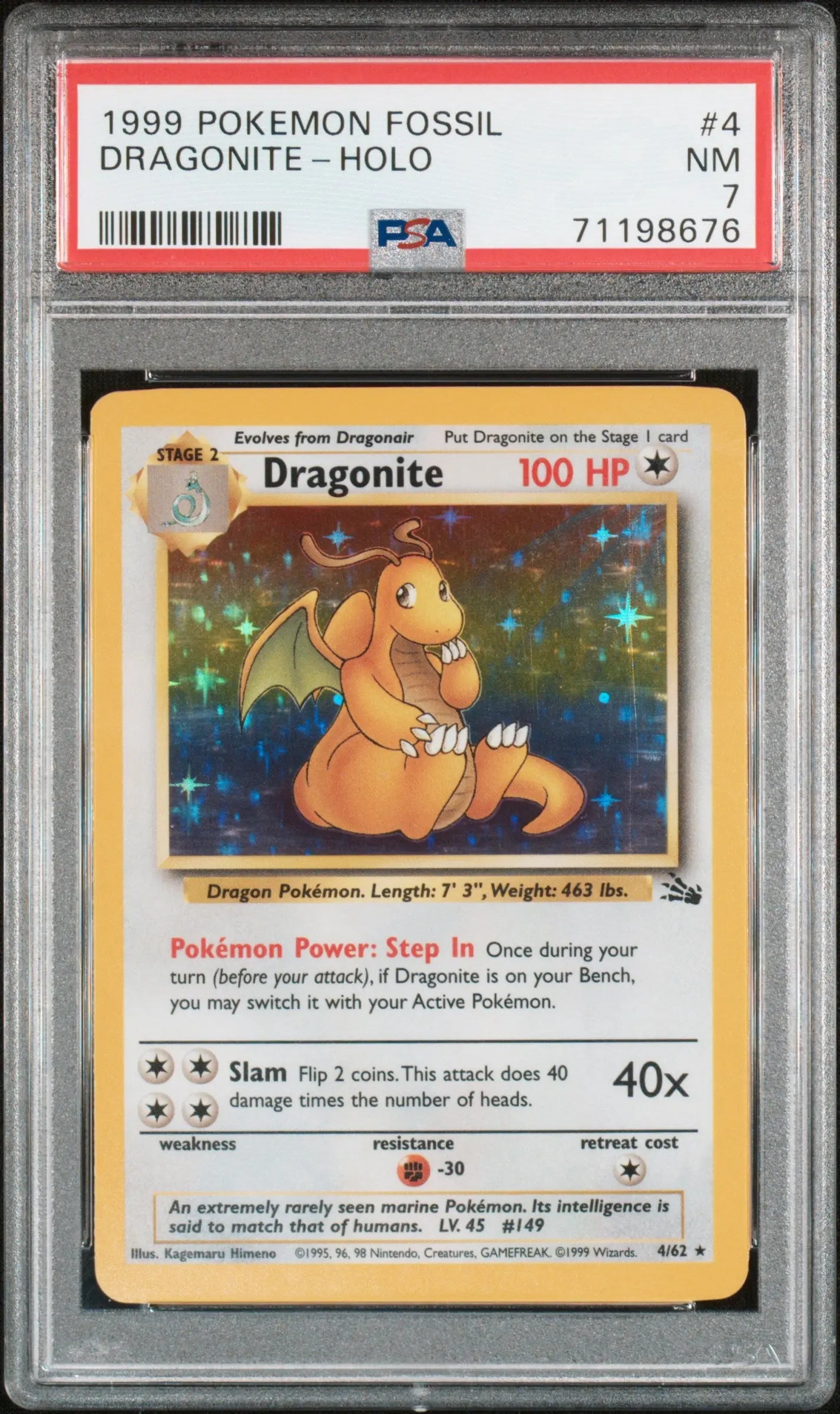 1999 Pokemon Fossil Dragonite Holo 4/62 PSA 7 