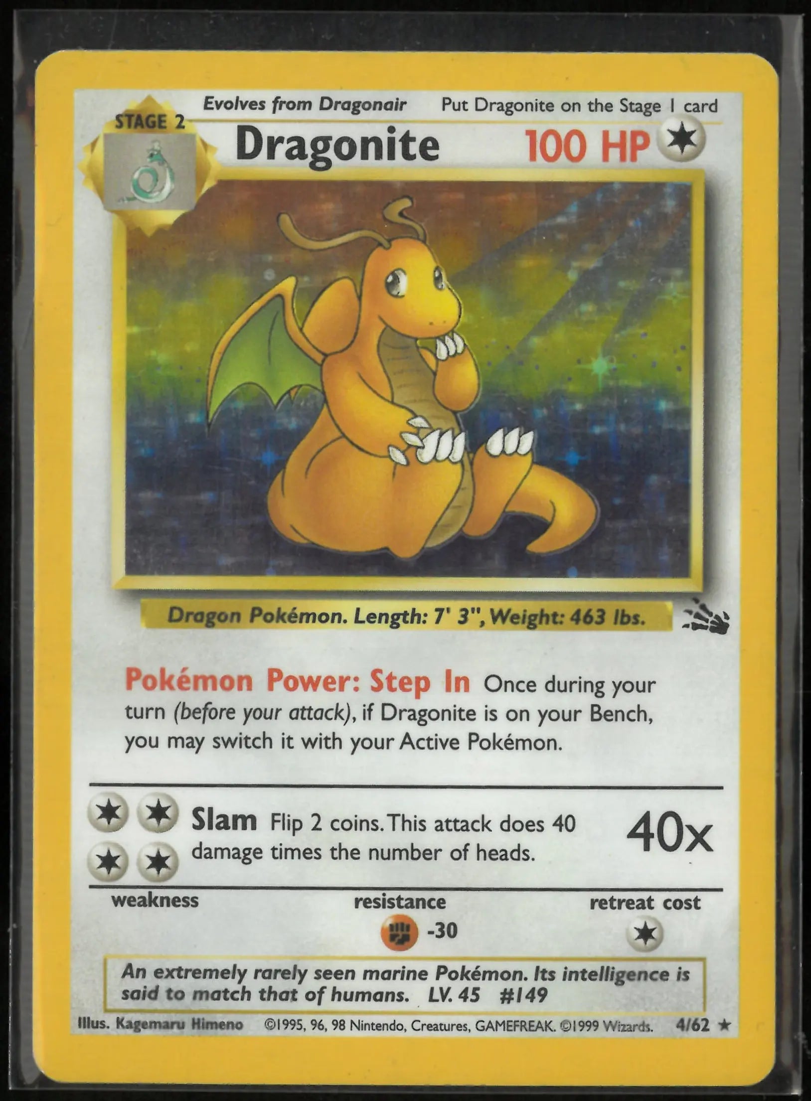 1999 Pokemon Fossil Dragonite Holo Rare 4/62 LP 