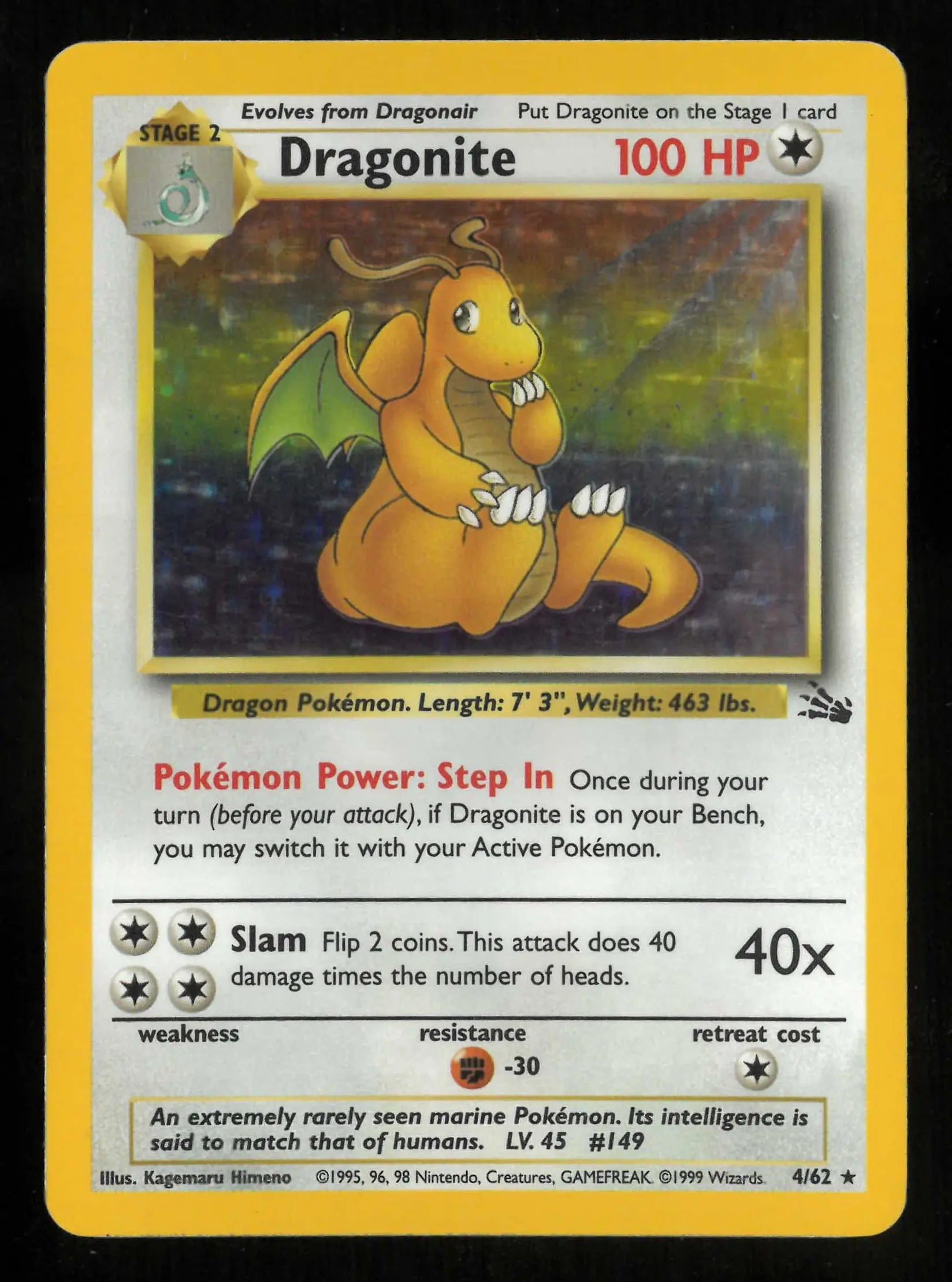 1999 Pokemon Fossil Dragonite Holo Rare 4/62 LP 