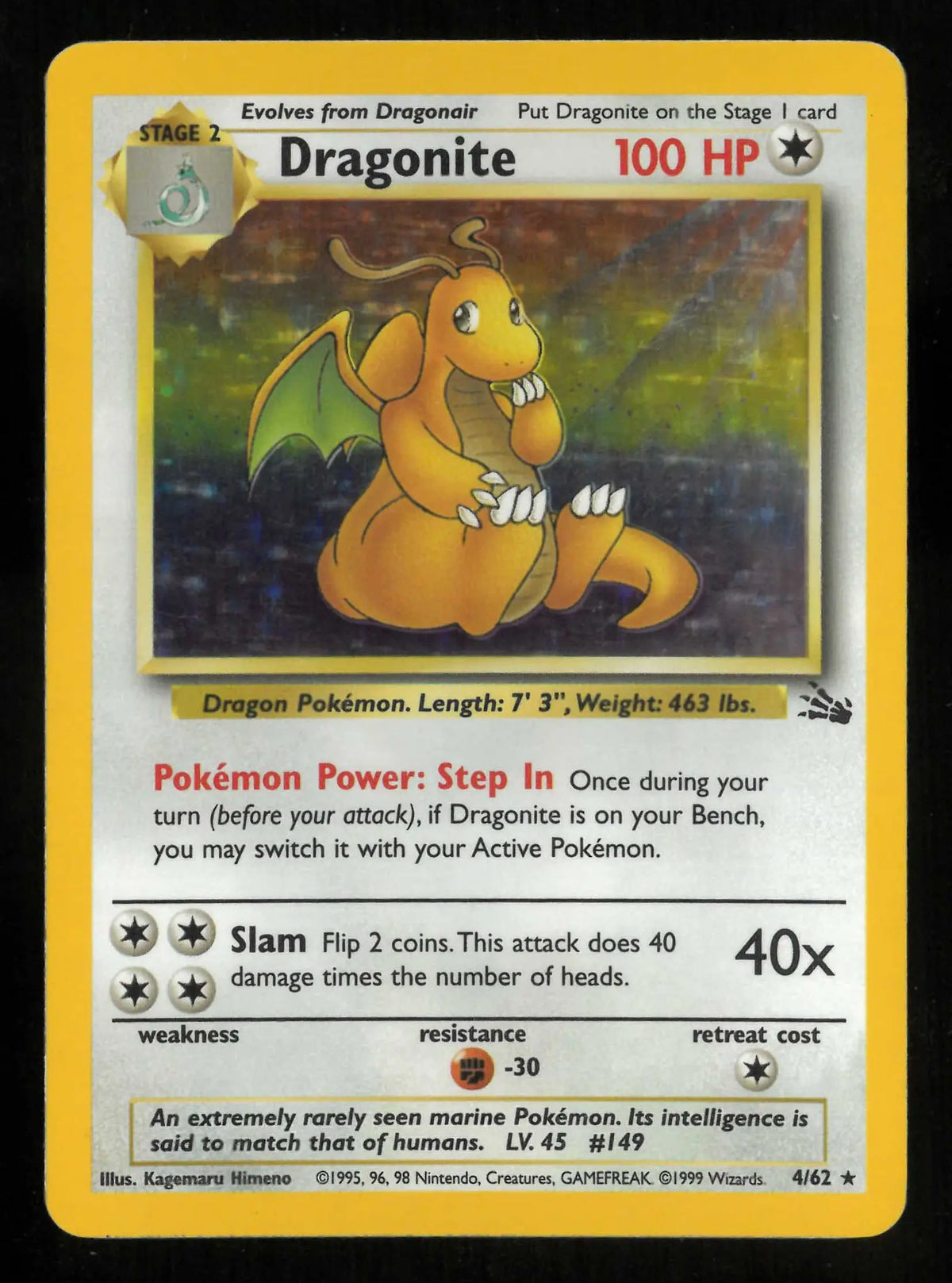 1999 Pokemon Fossil Dragonite Holo Rare 4/62 LP 