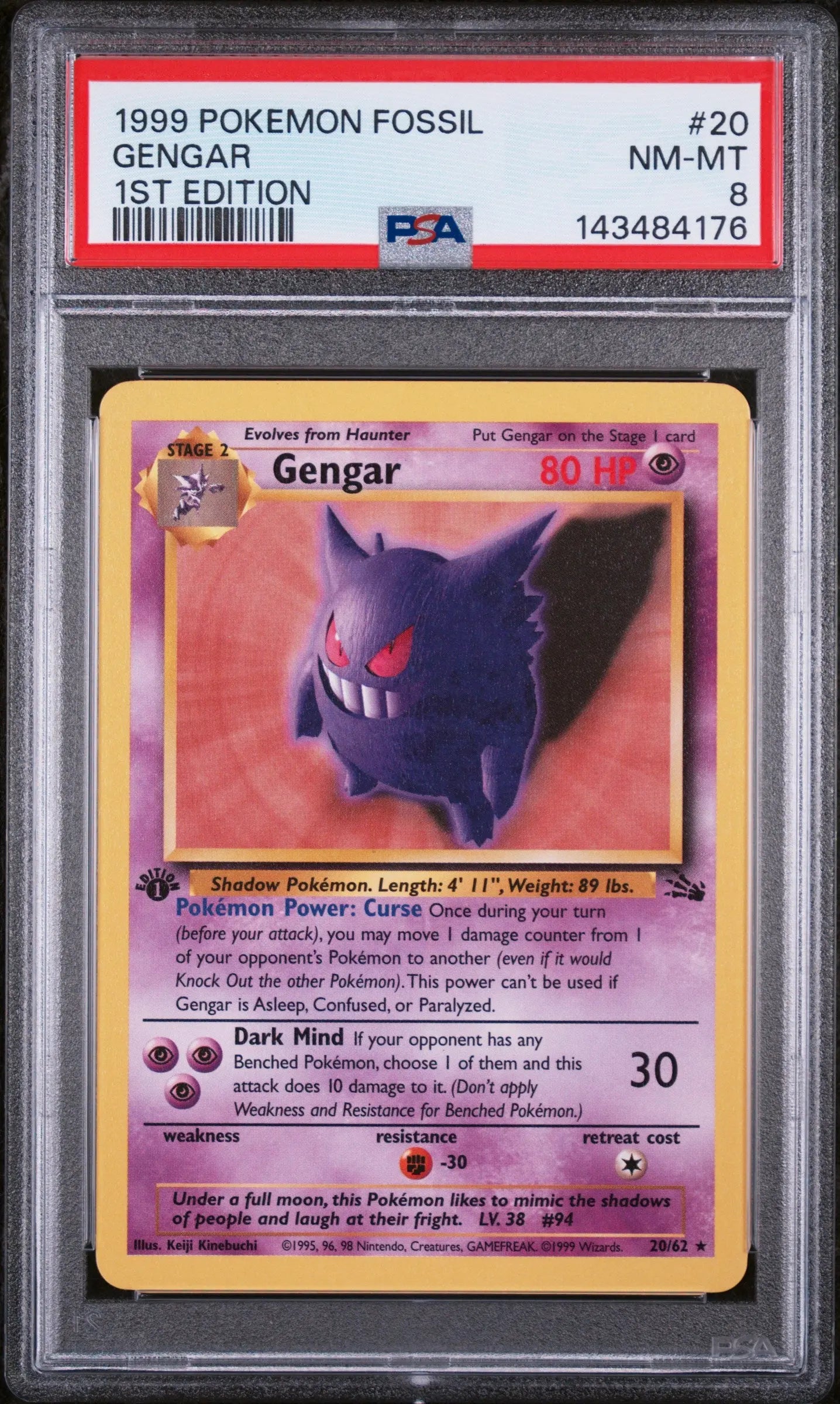 1999 Pokemon Fossil Gengar 1st Edition 20/62 PSA 8 