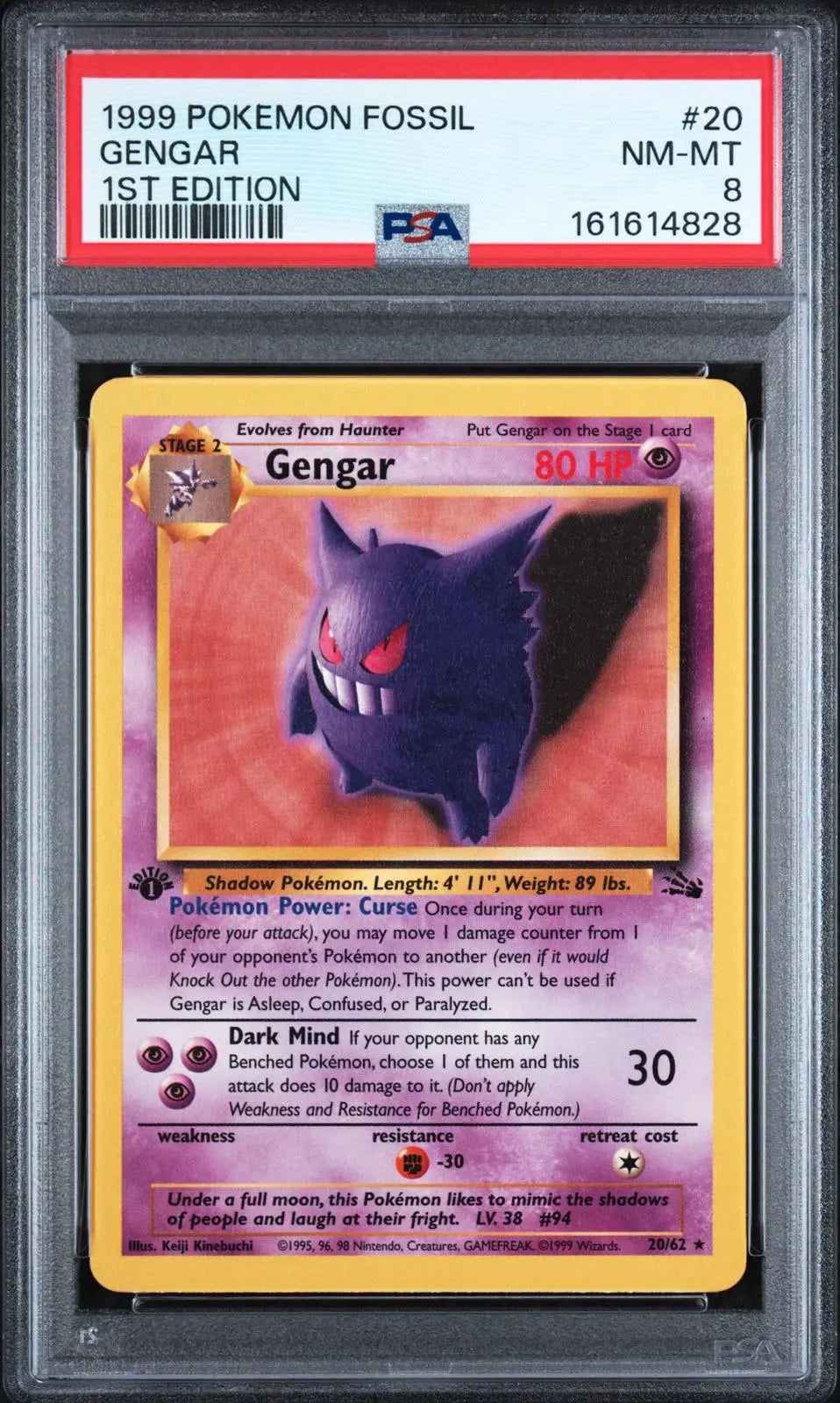 1999 Pokemon Fossil Gengar 1st Edition Holofoil Rare 20/62 PSA 8 