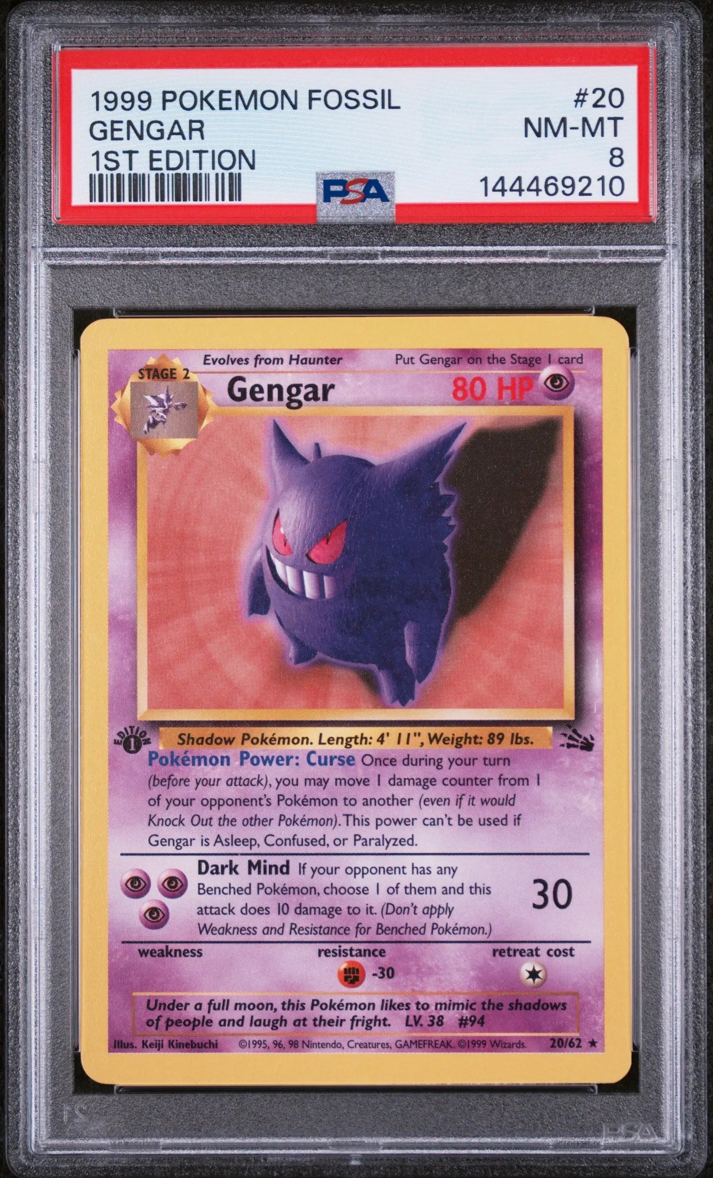 1999 Pokemon Fossil Gengar 1st Edition PSA 8 20/62 