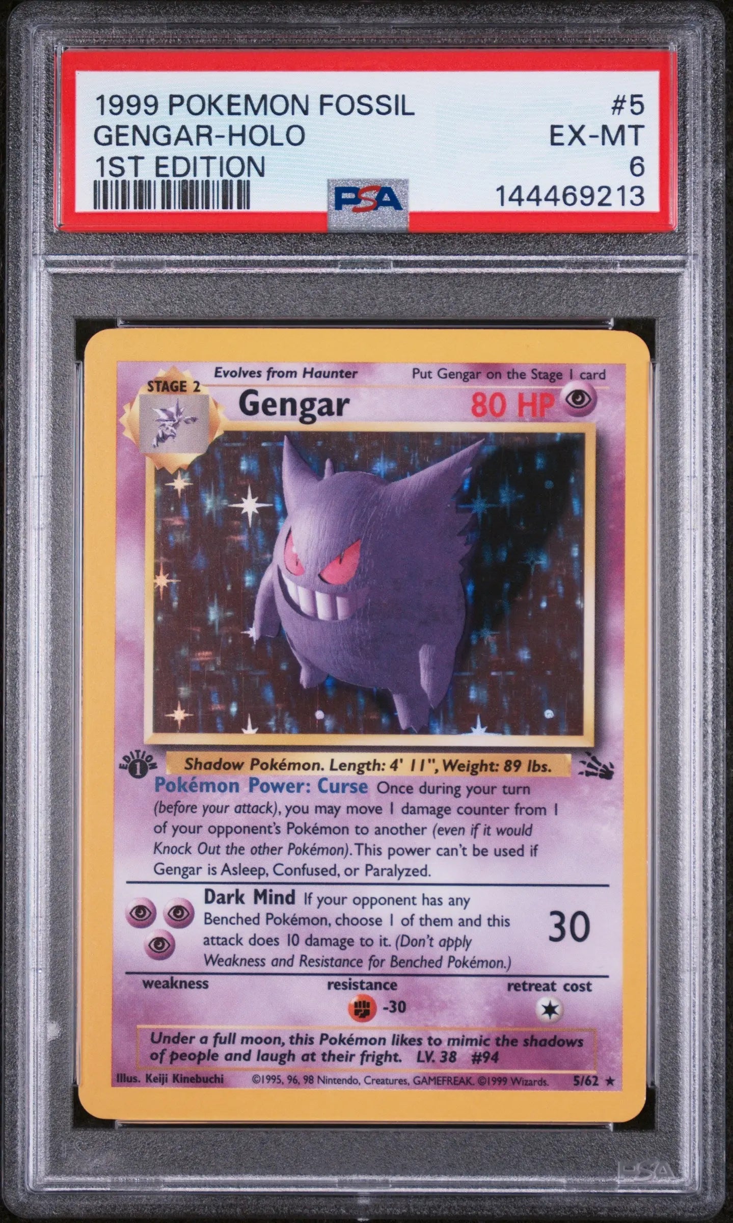 1999 Pokemon Fossil Gengar Holo 1st Edition PSA 6 5/62 