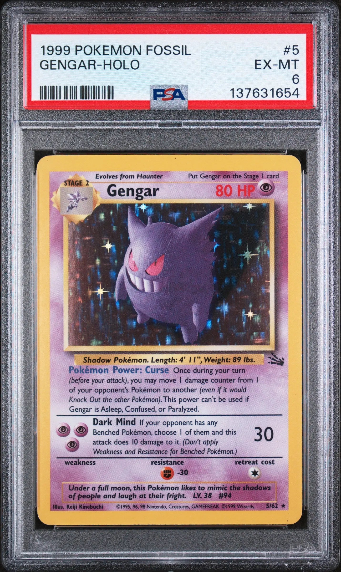 1999 Pokemon Fossil Gengar Holo 5/62 PSA 6 