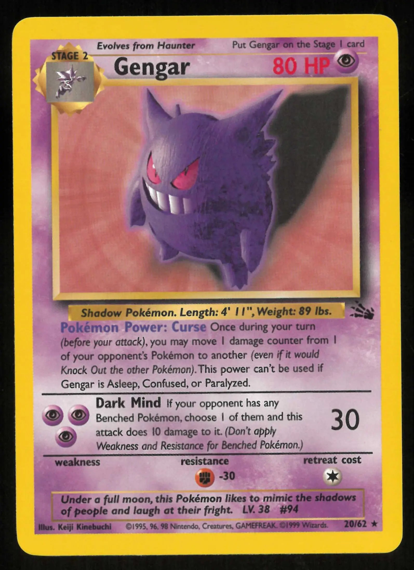 1999 Pokemon Fossil Gengar Holo Rare 20/62 LP 