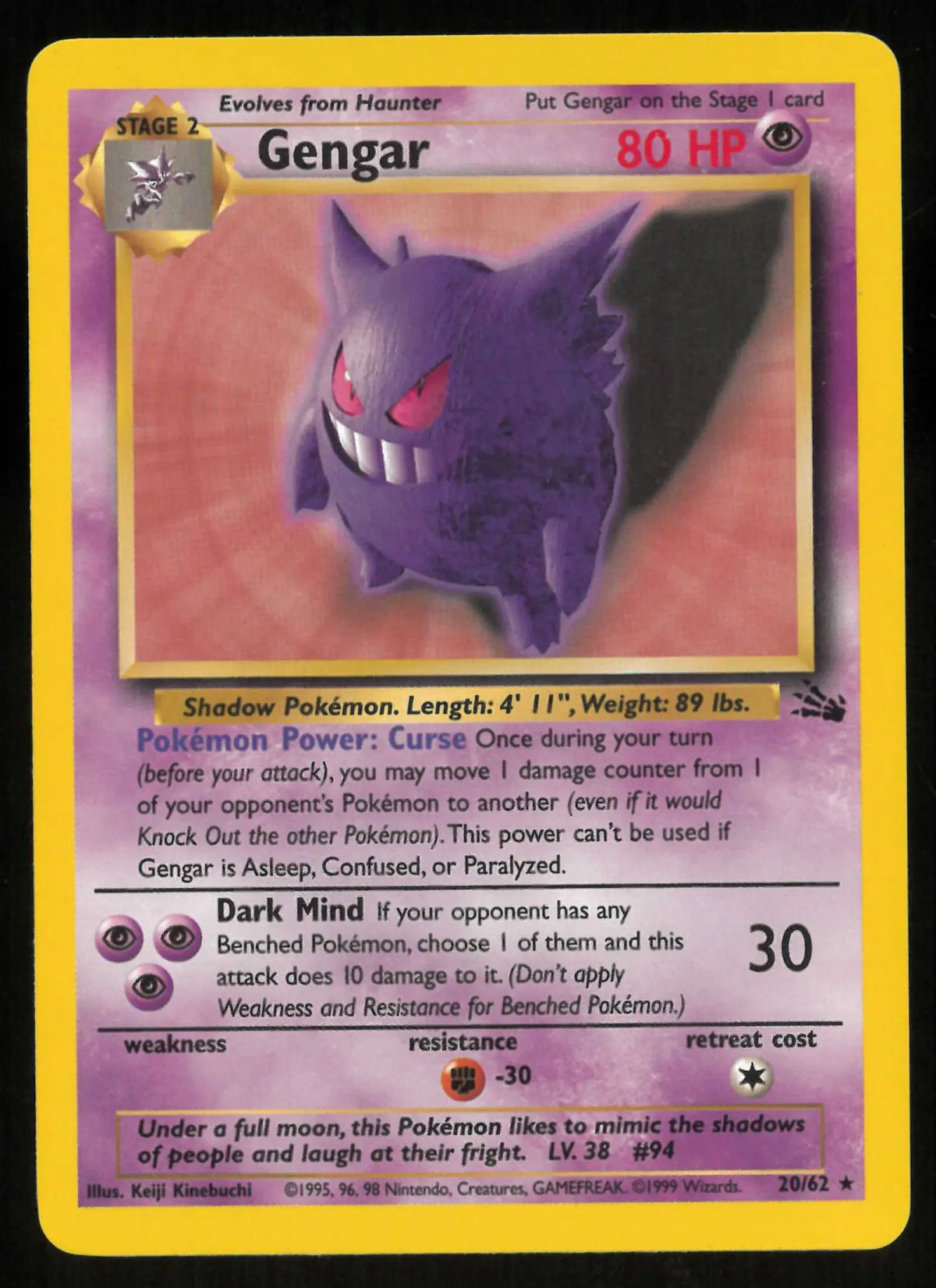 1999 Pokemon Fossil Gengar Holo Rare 20/62 LP 