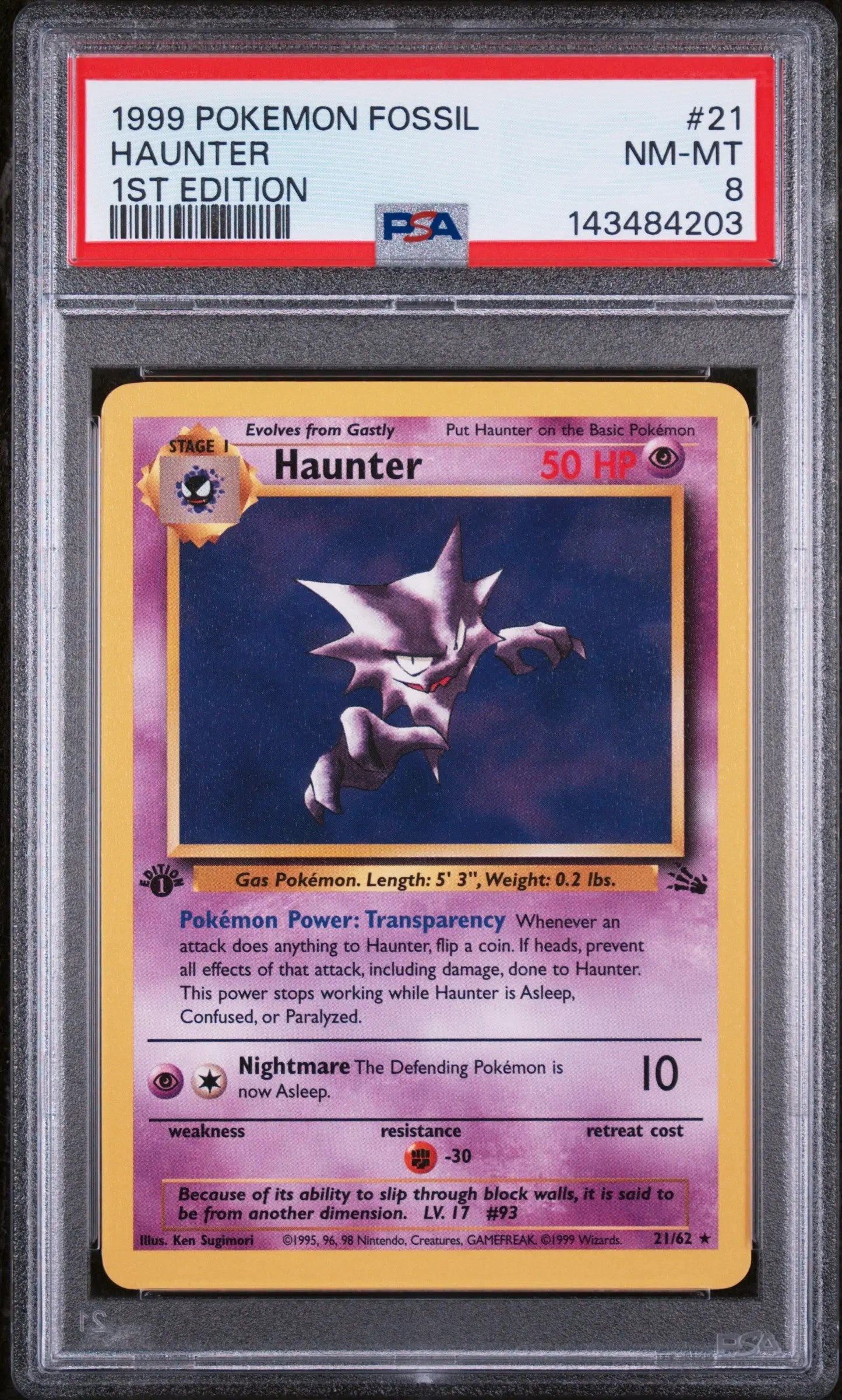 1999 Pokemon Fossil Haunter 1st Edition 21/62 PSA 8 