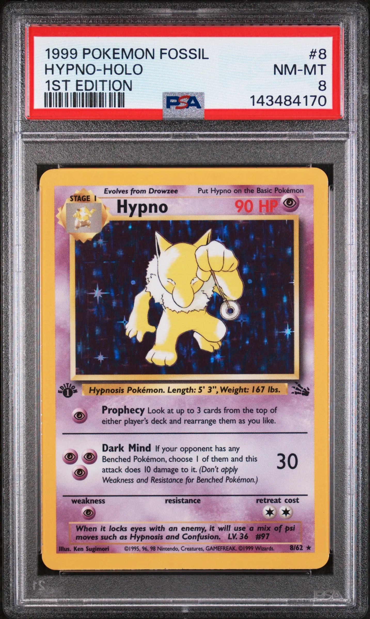 1999 Pokemon Fossil Hypno Holo 1st Edition 8/62 PSA 8 