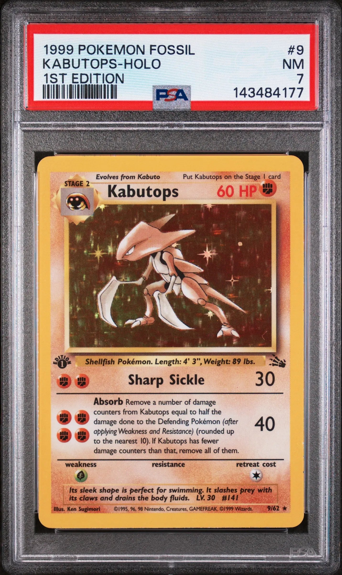 1999 Pokemon Fossil Kabutops Holo 1st Edition 9/62 PSA 7 