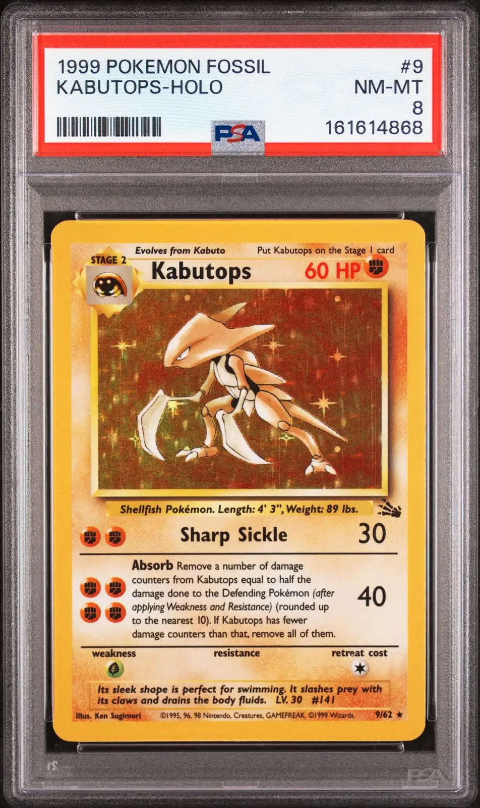 1999 Pokemon Fossil Kabutops Unlimited Holofoil Rare 9/62 PSA 8 