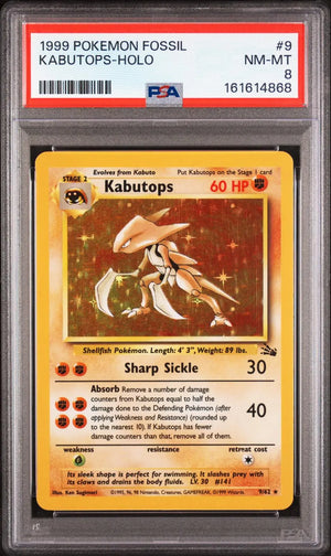 1999 Pokemon Fossil Kabutops Unlimited Holofoil Rare 9/62 PSA 8 