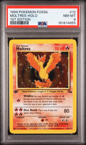 1999 Pokemon Fossil Moltres 1st Edition Holofoil Rare 12/62 PSA 8 