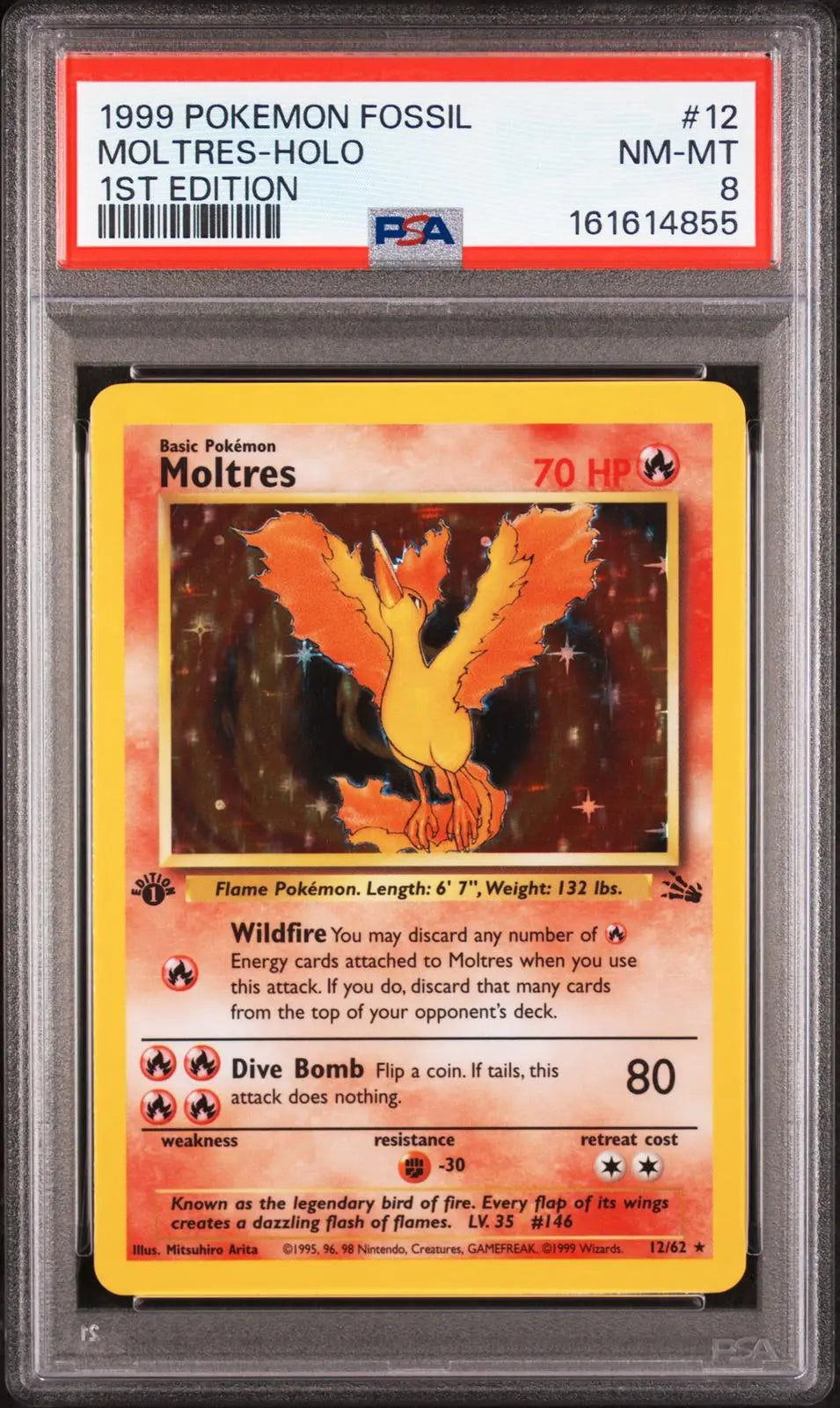 1999 Pokemon Fossil Moltres 1st Edition Holofoil Rare 12/62 PSA 8 