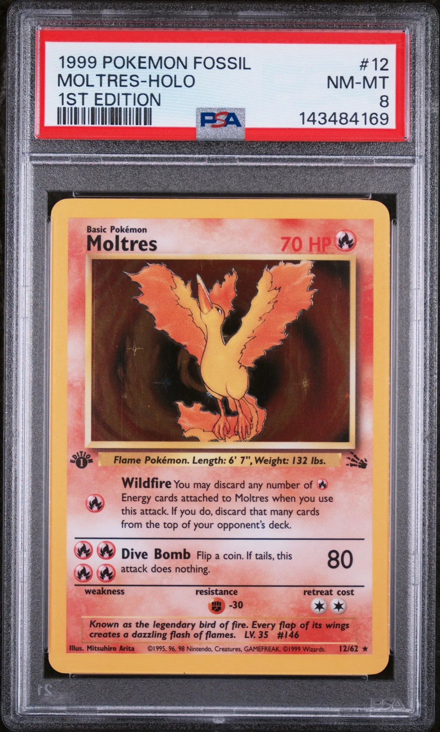 1999 Pokemon Fossil Moltres Holo 1st Edition 12/62 PSA 8 