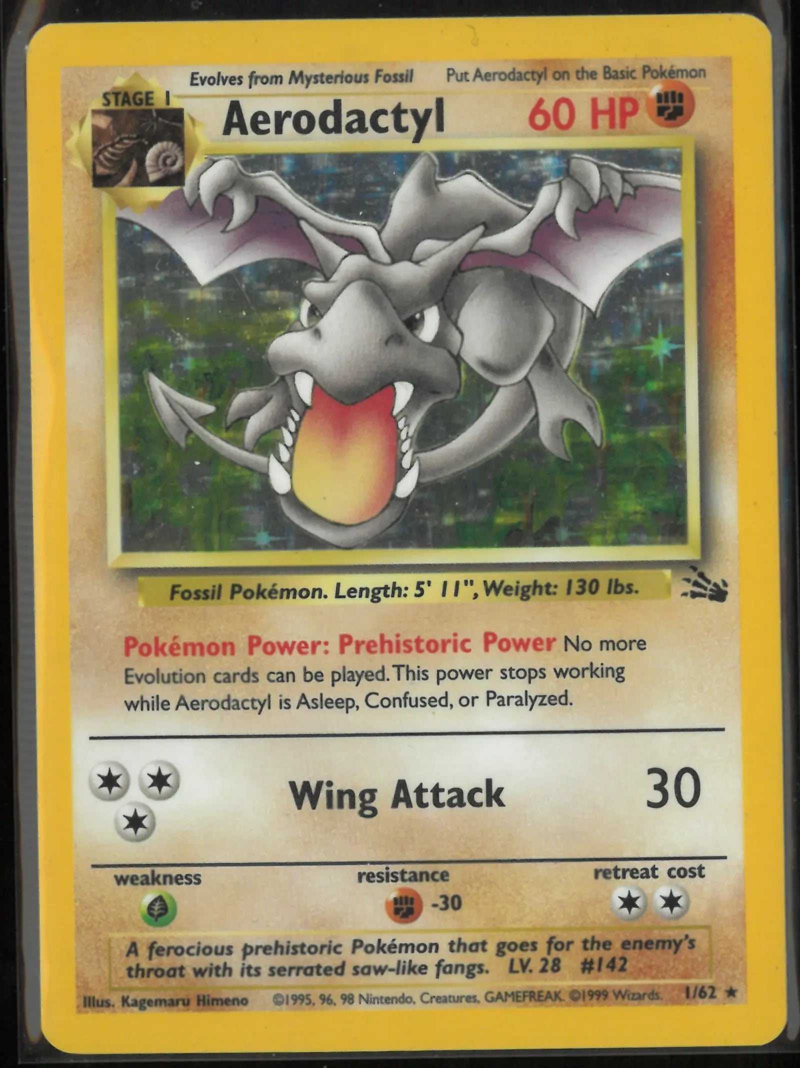 1999 Pokemon Fossil Unlimited Holofoil Aerodactyl 1/62 