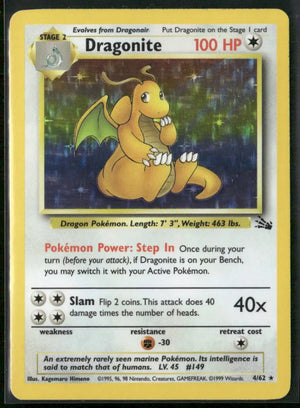 1999 Pokemon Fossil Unlimited Holofoil Dragonite 4/62 LP 