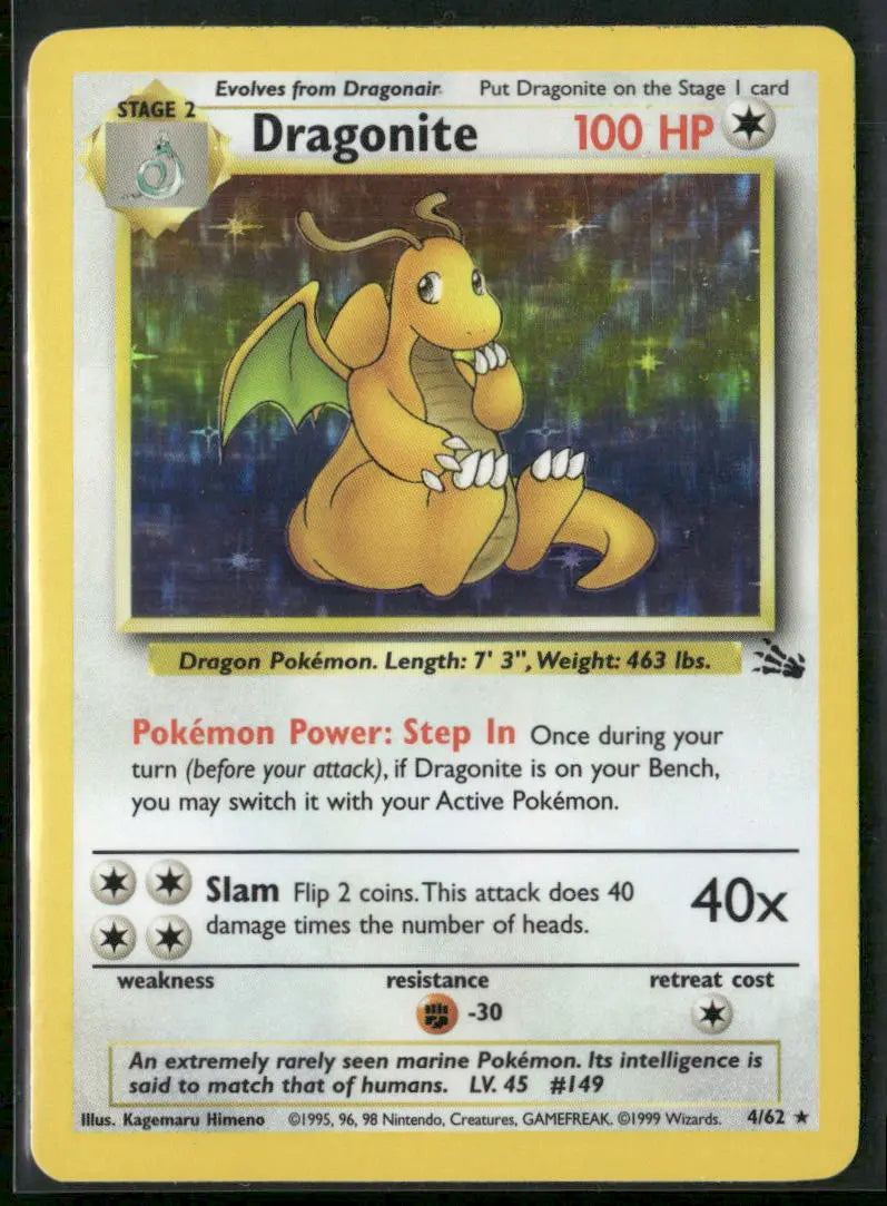 1999 Pokemon Fossil Unlimited Holofoil Dragonite 4/62 LP 