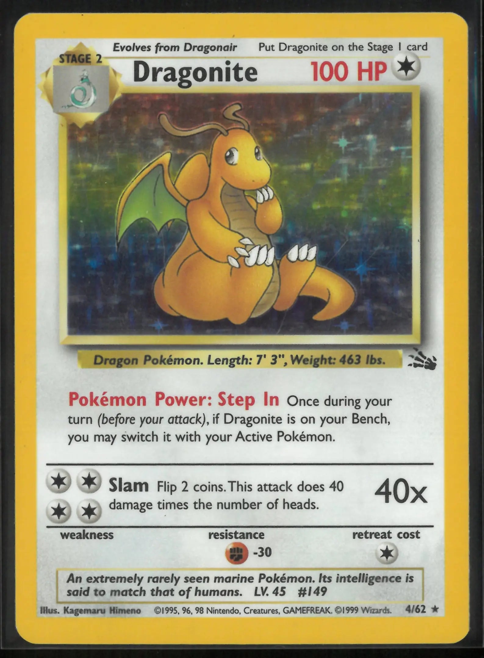 1999 Pokemon Fossil Unlimited Holofoil Rare Dragonite 4/62 