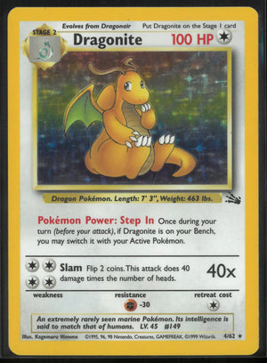 1999 Pokemon Fossil Unlimited Holofoil Rare Dragonite 4/62 