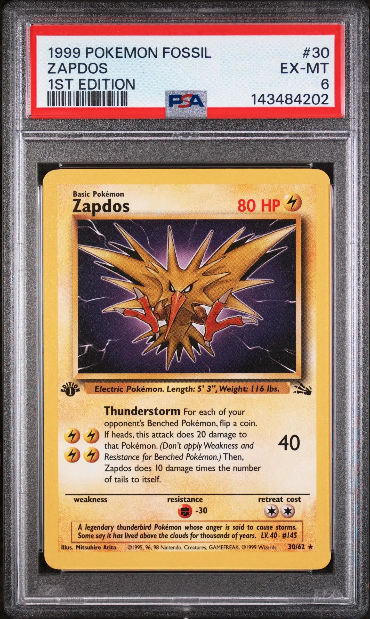 1999 Pokemon Fossil Zapdos 1st Edition 30/62 PSA 6 
