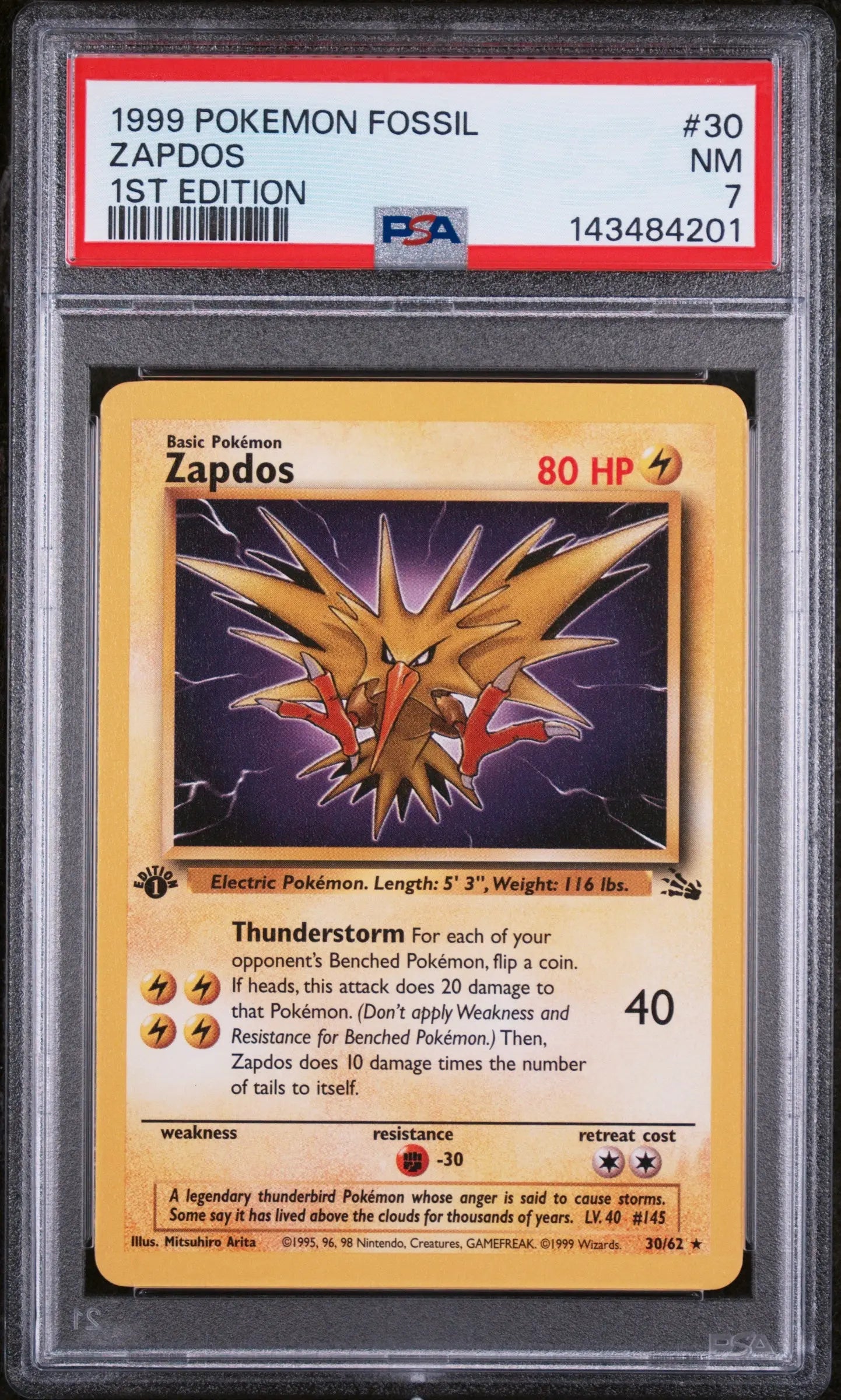 1999 Pokemon Fossil Zapdos 1st Edition 30/62 PSA 7 