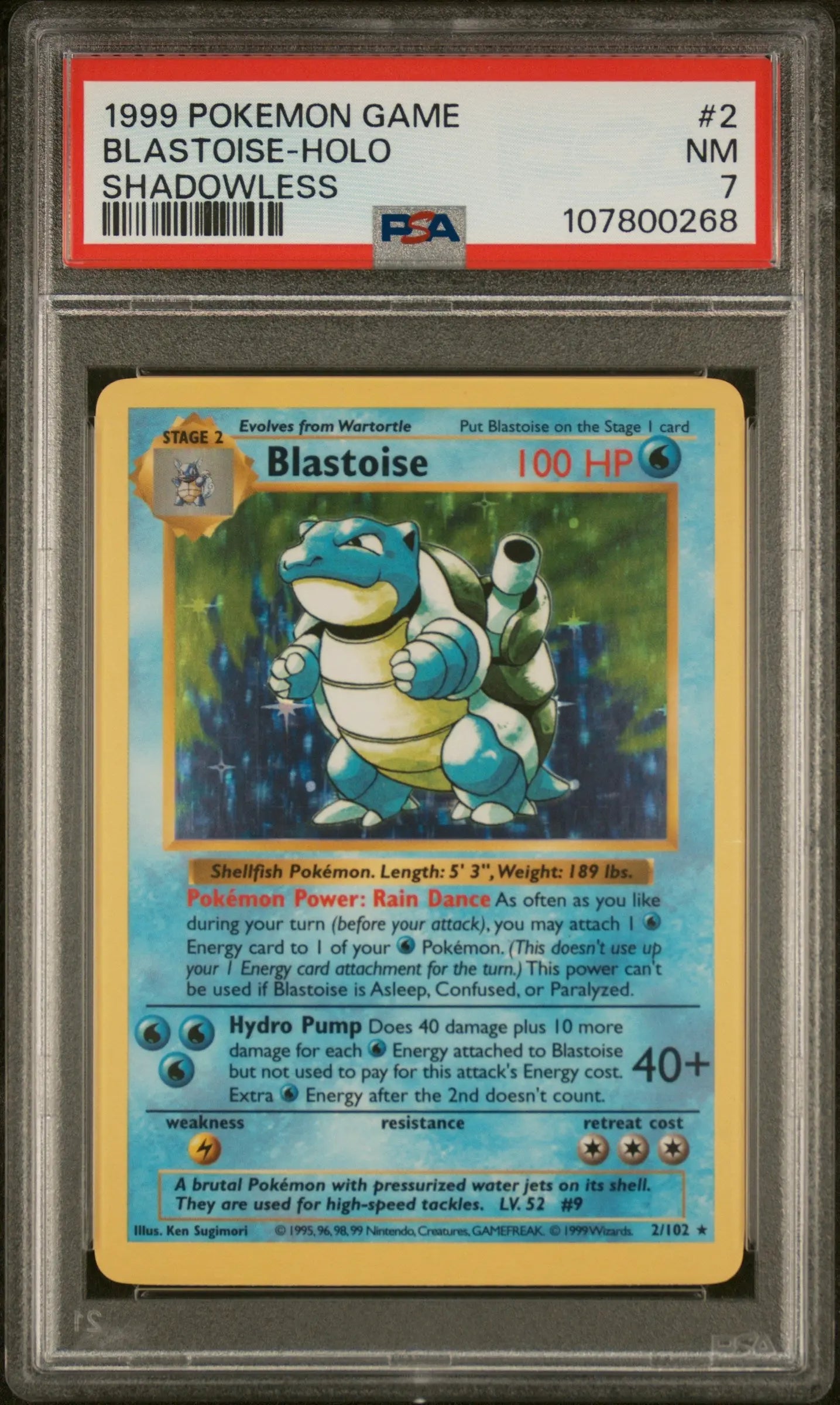 1999 Pokemon Game Blastoise Holo Shadowless 2/102 PSA 7 