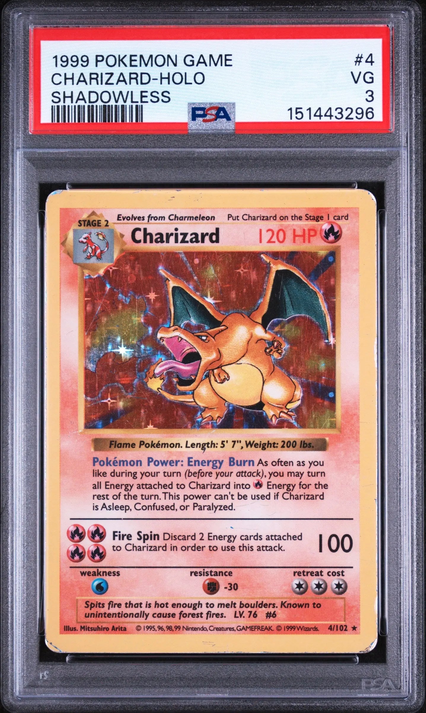 1999 Pokemon Game Charizard Holo Shadowless 4/102 PSA 3 