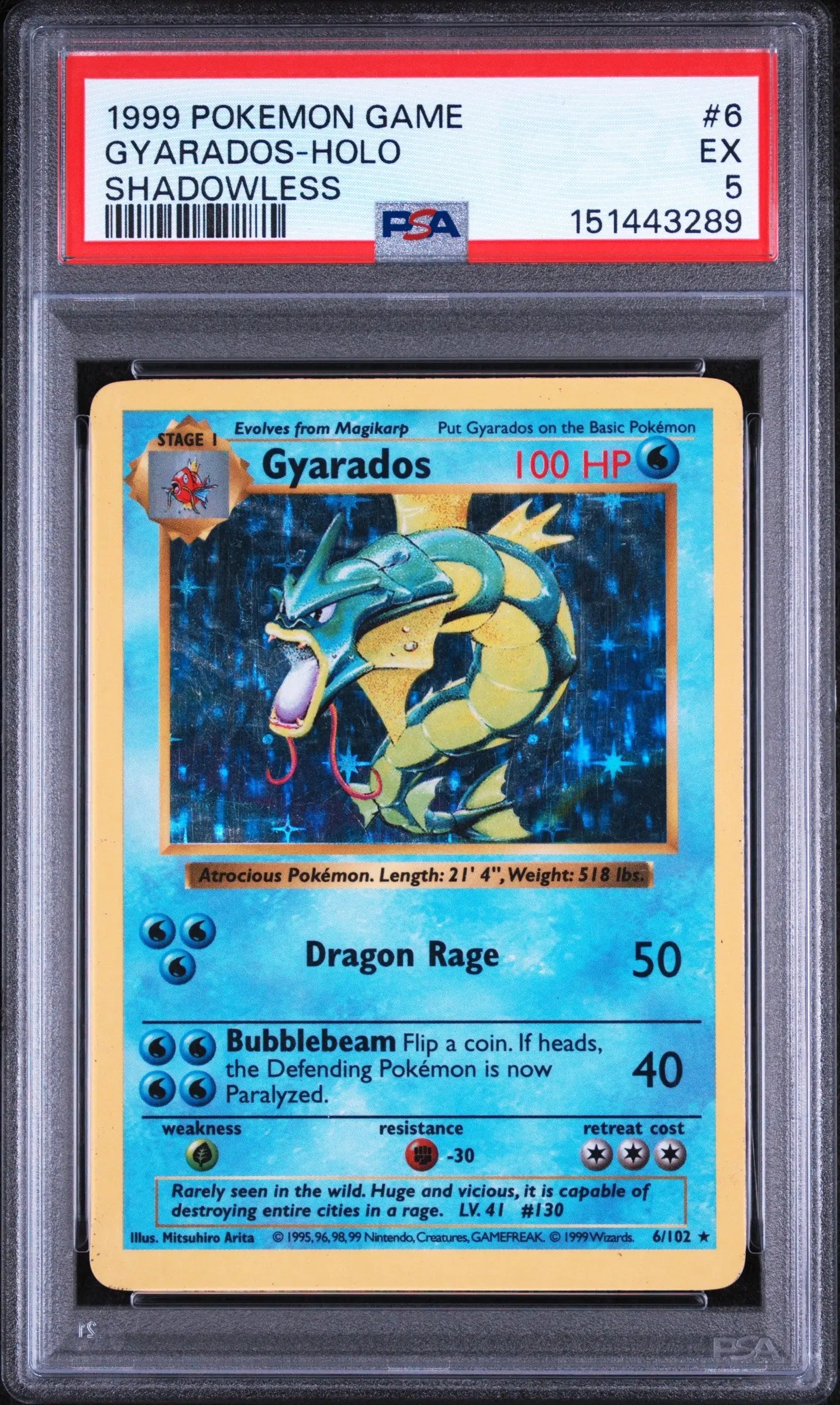 1999 Pokemon Game Gyarados Holo Shadowless 6/102 PSA 5 