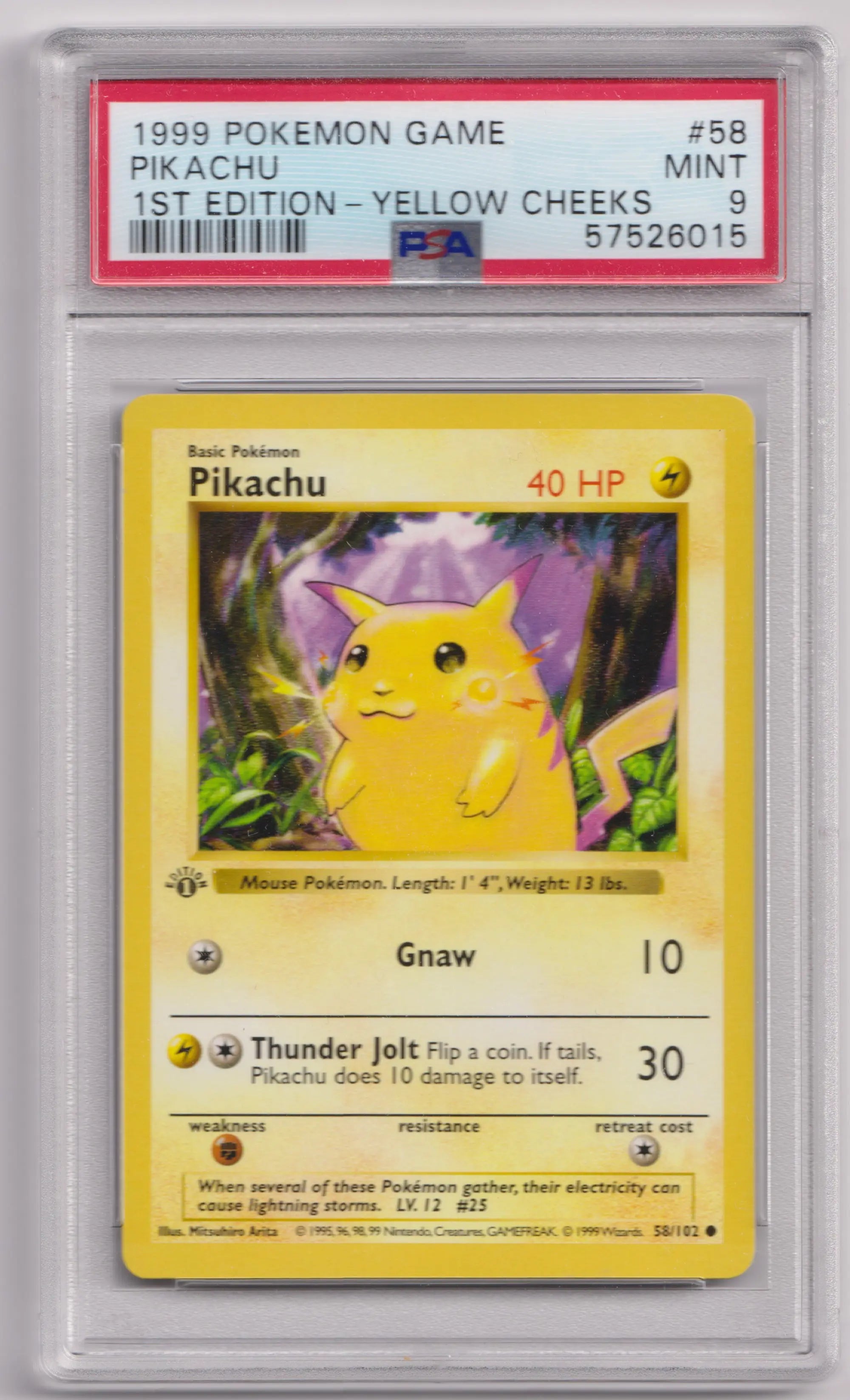1999 Pokemon Game Pikachu 1st Edition-Yellow Cheeks PSA 9 58/102 