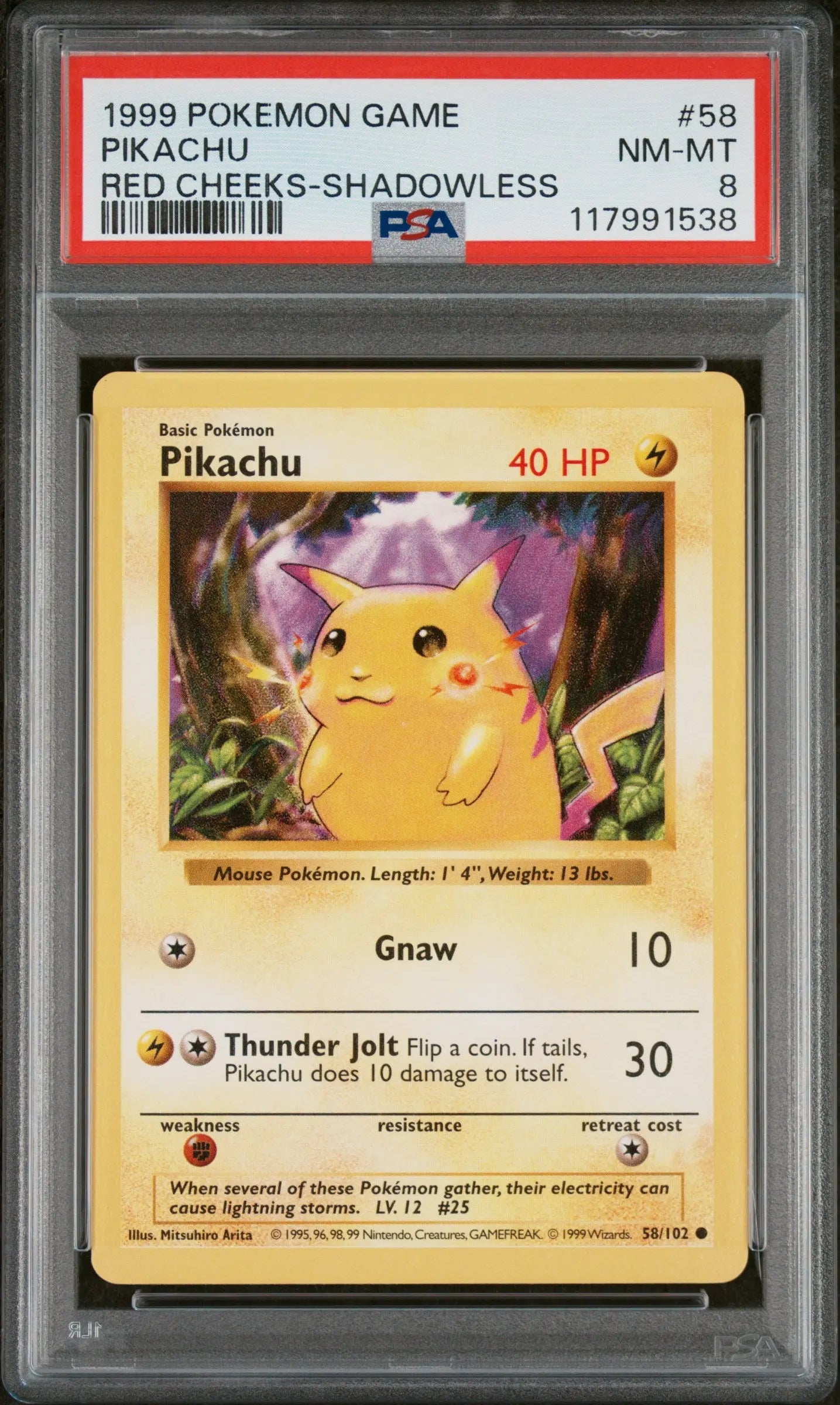 1999 Pokemon Game Pikachu Red Cheeks-Shadowless 58/102 PSA 8 