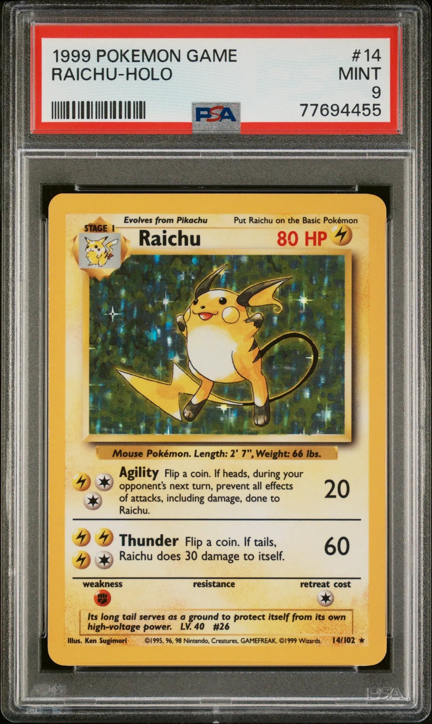1999 Pokemon Game Raichu Holo 14/102 PSA 9 