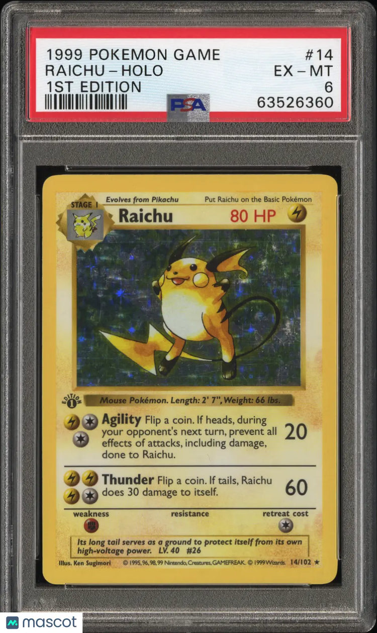 1999 Pokemon Game Raichu Holo 1st Edition PSA 6 14/102 