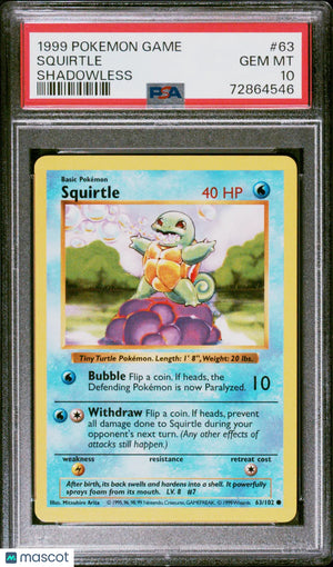 1999 Pokemon Game Squirtle Shadowless PSA 10 #63 